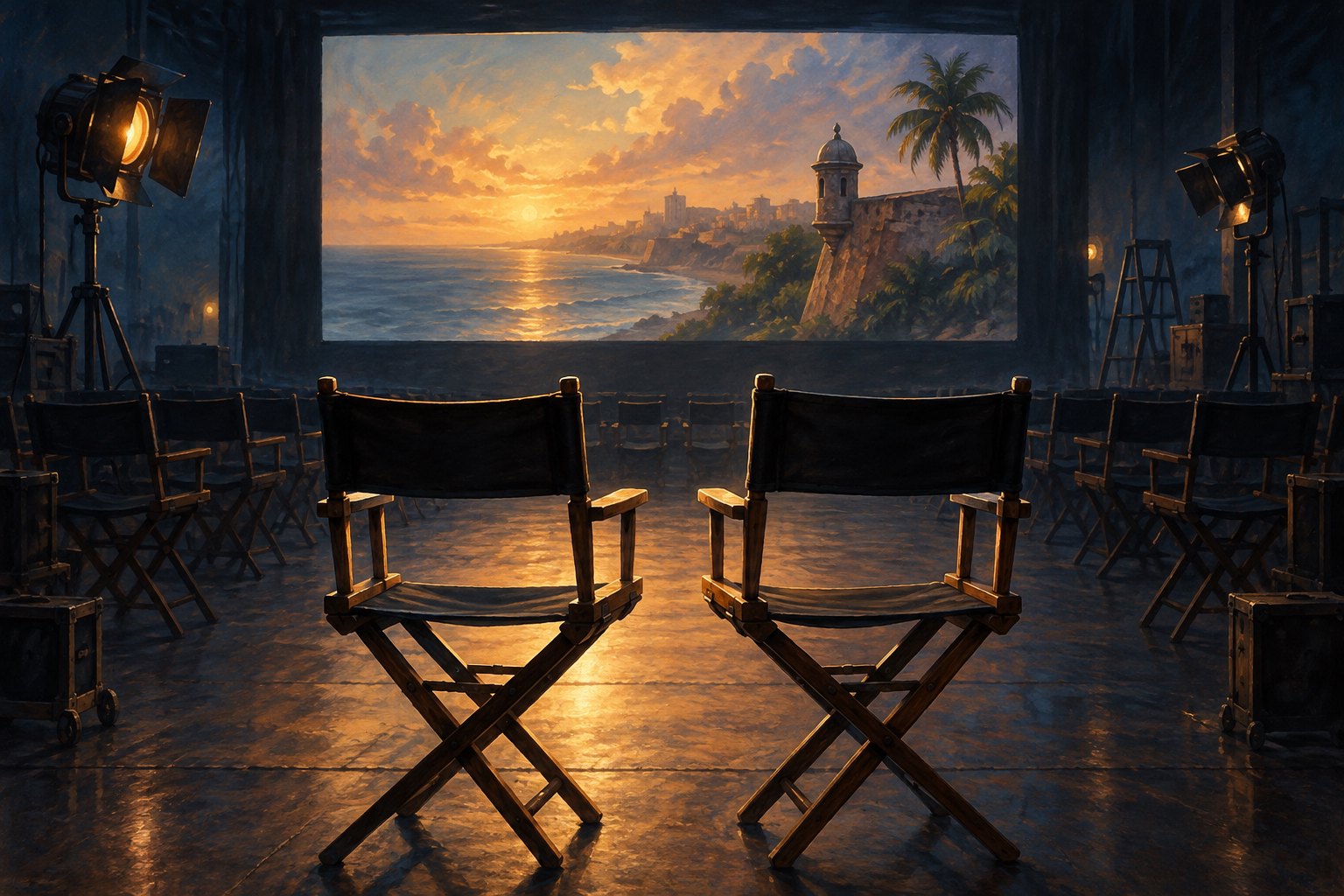 Conceptual illustration of empty actors’ chairs facing a screen displaying a sunlit coastal scene.