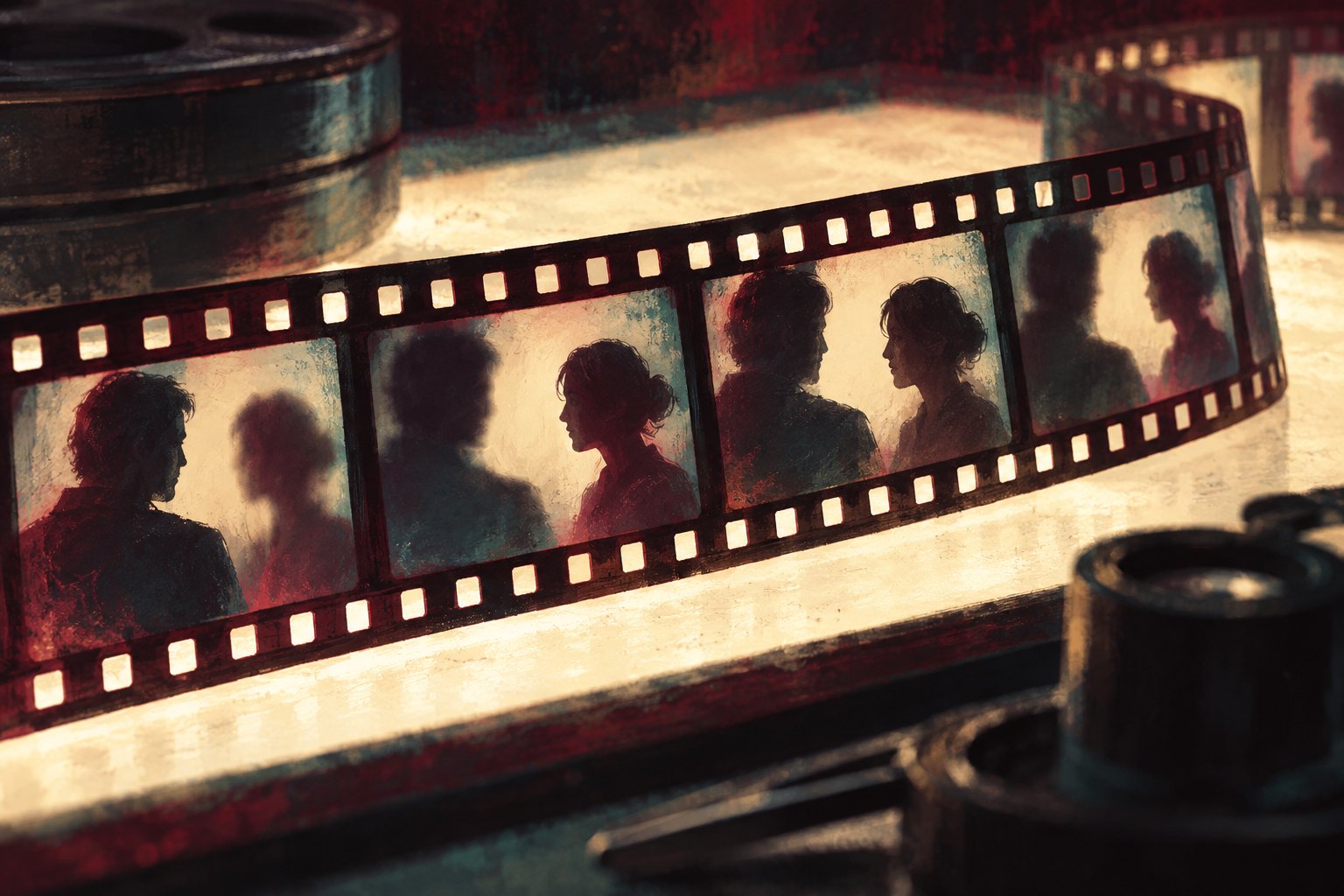 Conceptual illustration of a filmstrip showing two anonymous figures in alternating light and shadow on an editing table.