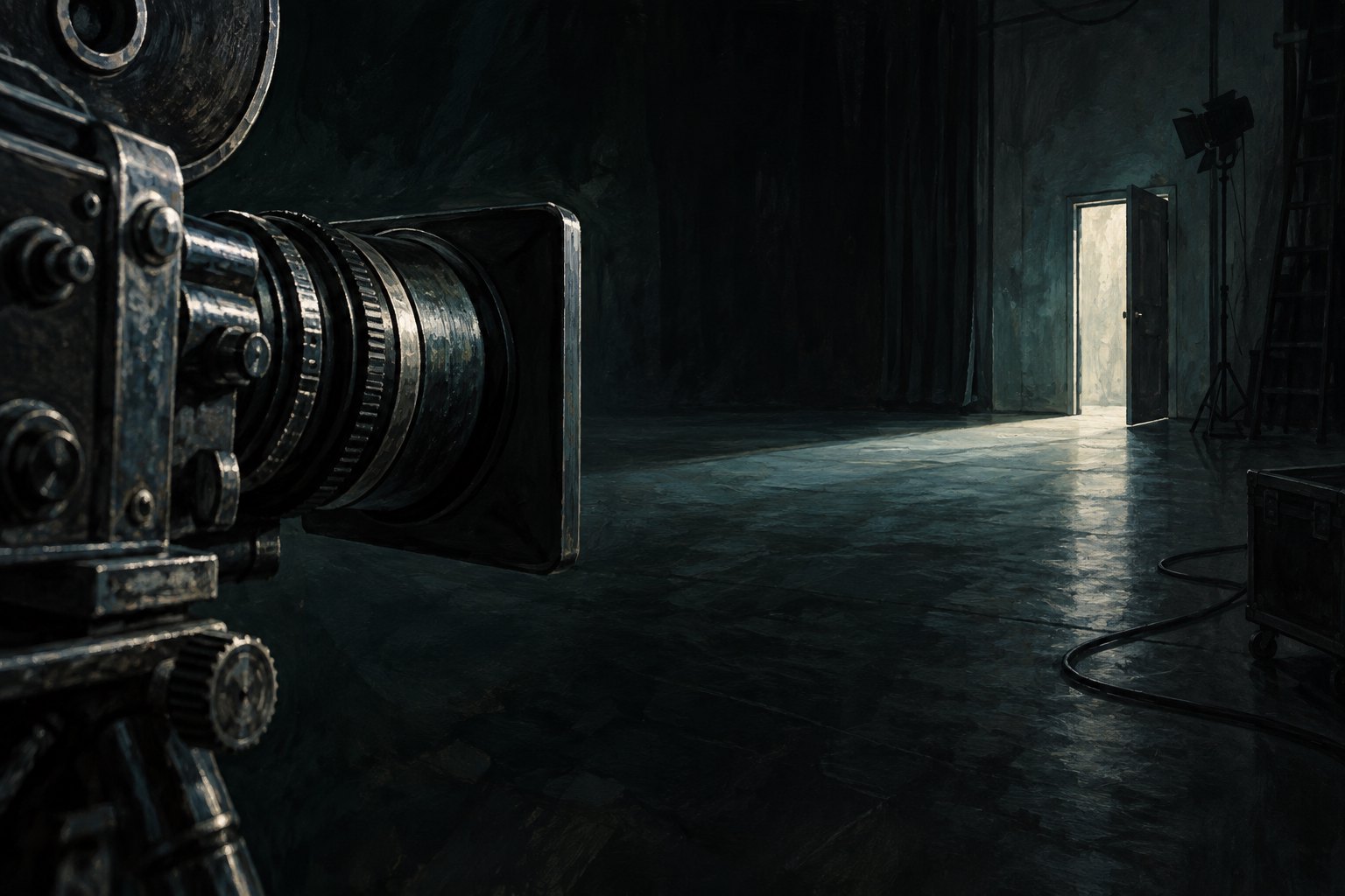 Conceptual editorial illustration of a cinema camera facing a partly open, illuminated door across a dark studio.