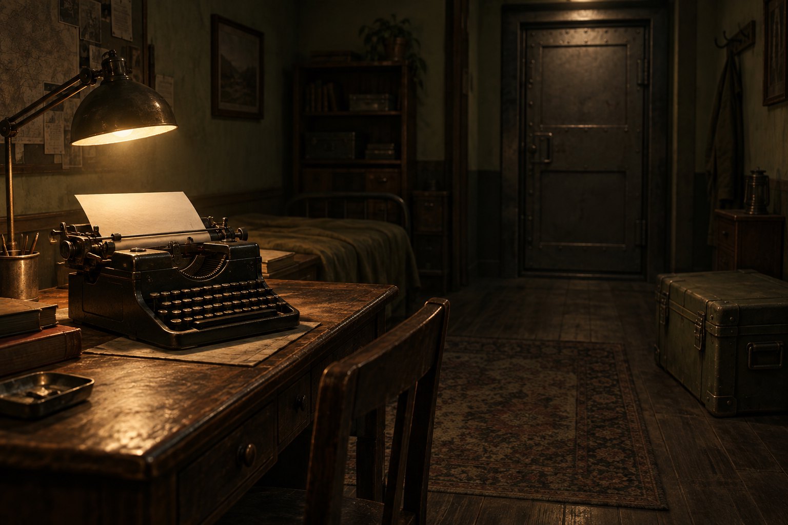 Conceptual illustration of a vintage typewriter beneath a warm desk lamp in a shadowy room with a closed metal door.