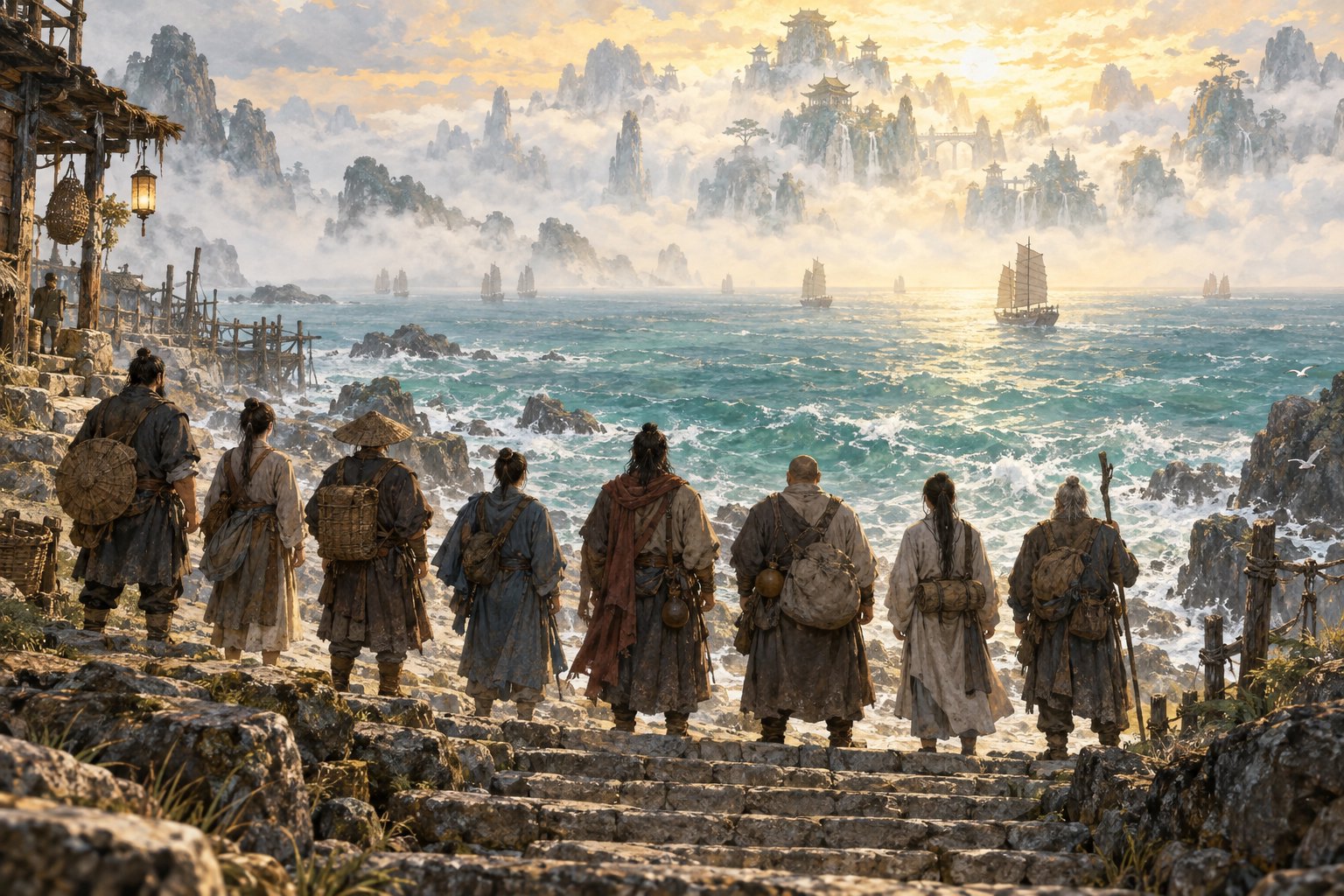 原创主题插画：八位布衣旅人站在海岸石阶上，遥望云雾中的海上仙山