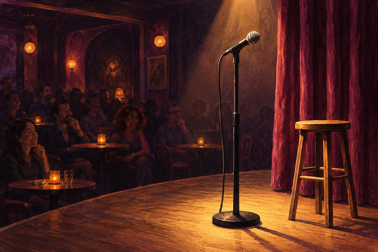 Editorial illustration of a microphone and wooden stool under an amber spotlight, with a comedy audience beside the stage.