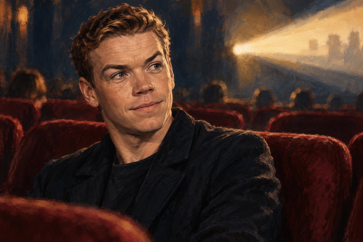 Painterly portrait of Will Poulter in a cinema auditorium with burgundy seats and golden projector light.