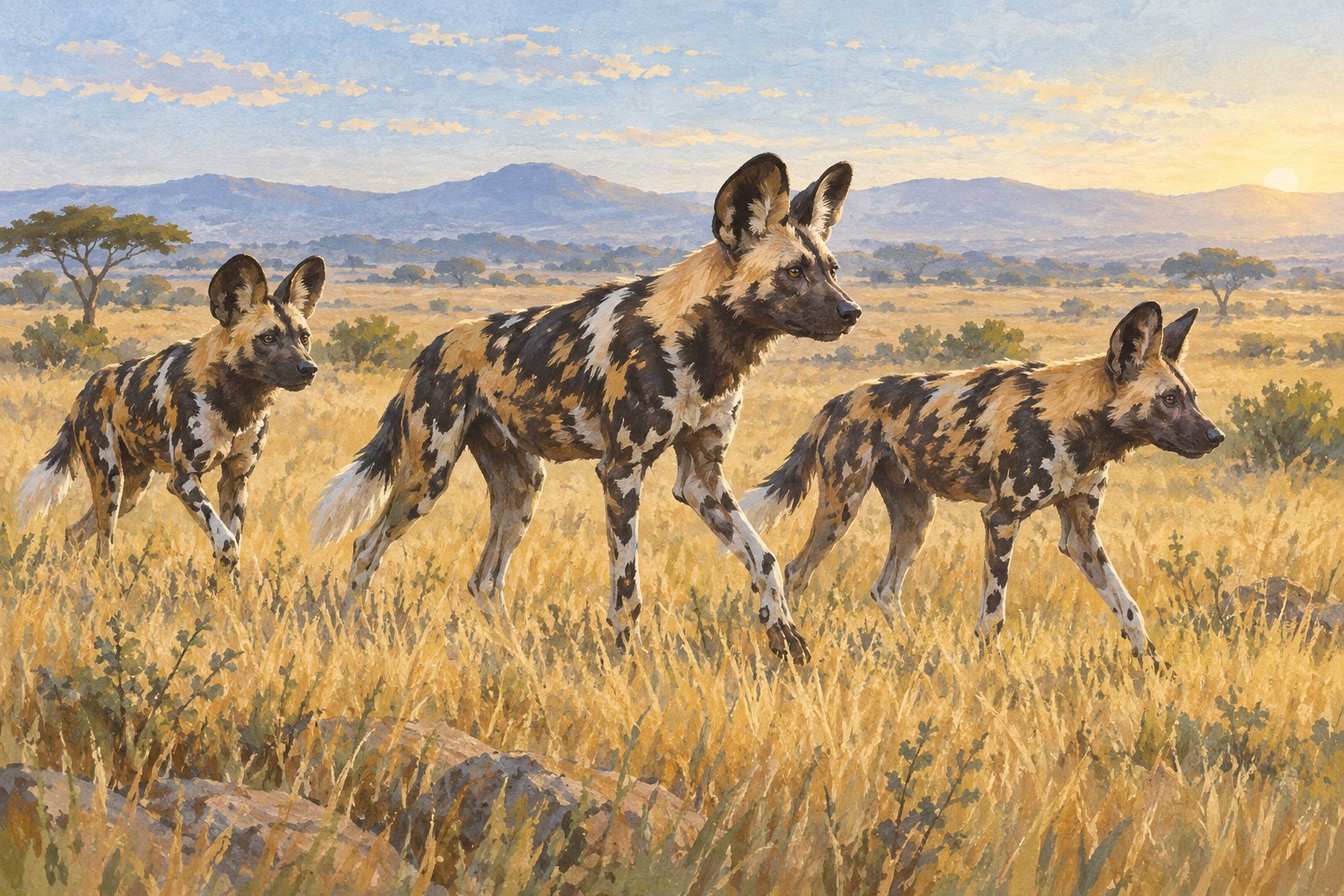 Painterly illustration of three African wild dogs walking through golden grassland beneath a wide morning sky.
