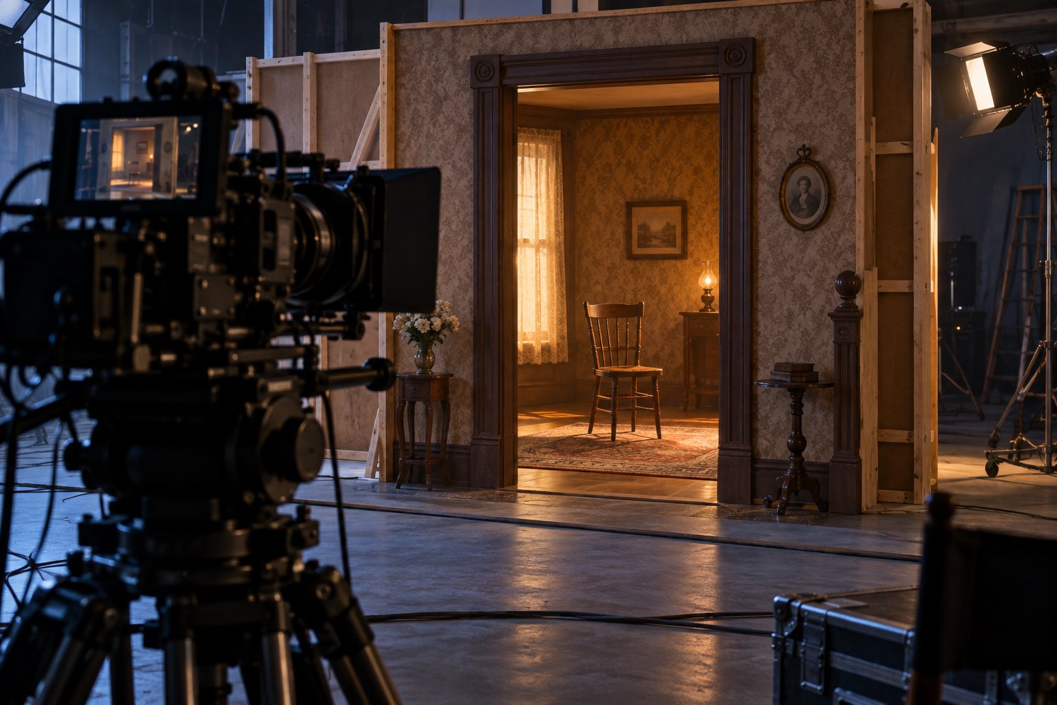 Conceptual illustration of a cinema camera facing a Victorian doorway and empty chair on an exposed studio set.