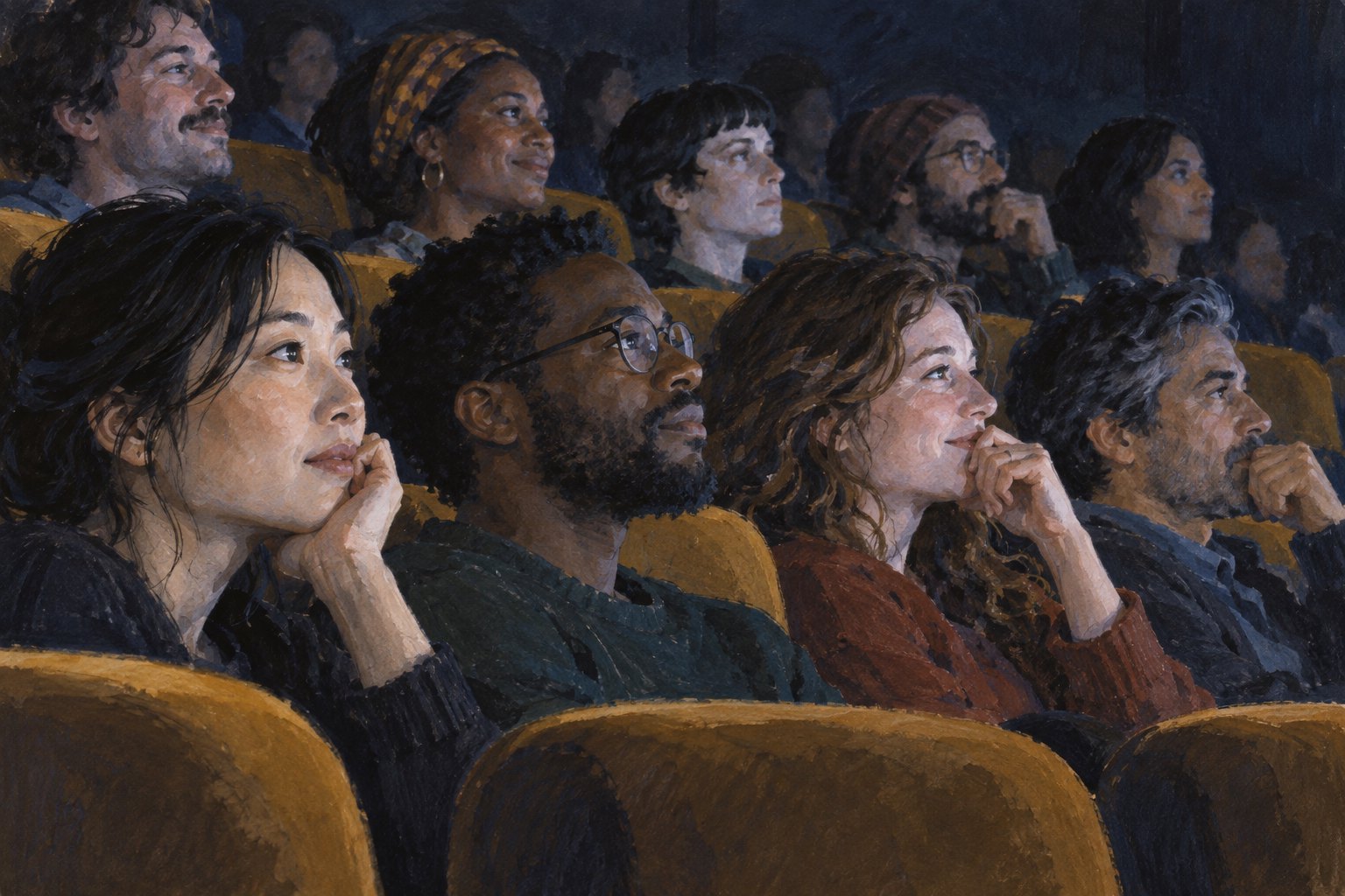 Conceptual illustration of audience members watching an unseen cinema screen with thoughtful and amused expressions.