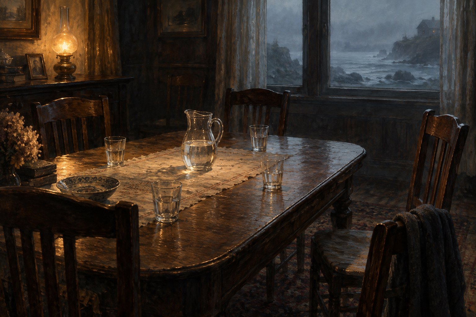 Painterly illustration of four empty chairs around a wooden dining table, with lamplight inside and a misty coast beyond the window.