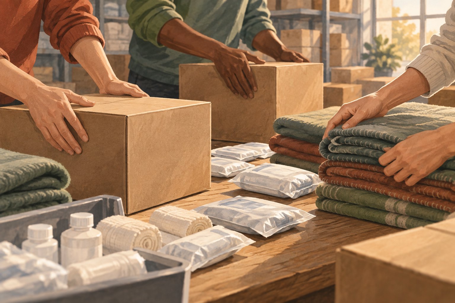 Conceptual illustration of hands arranging unmarked aid boxes, folded blankets, and medical supplies on a worktable.