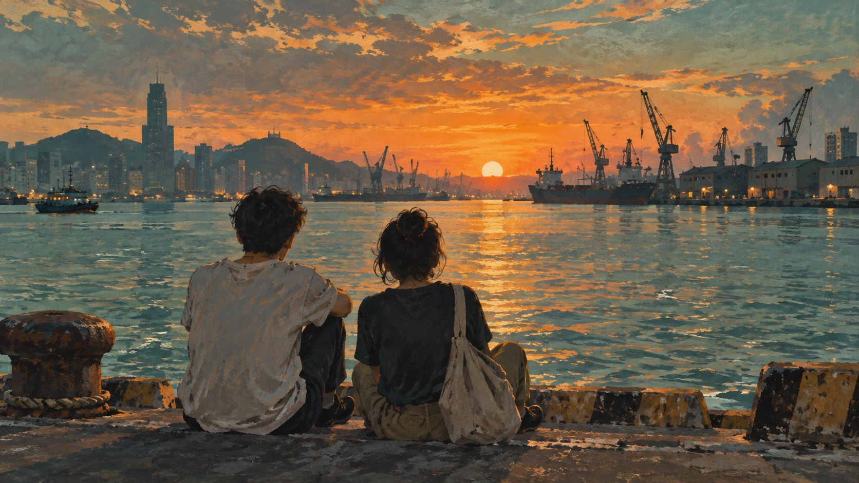 兩名年輕人背對觀者坐在夕陽下的港邊,遠望船隻與起重機的原創概念插畫