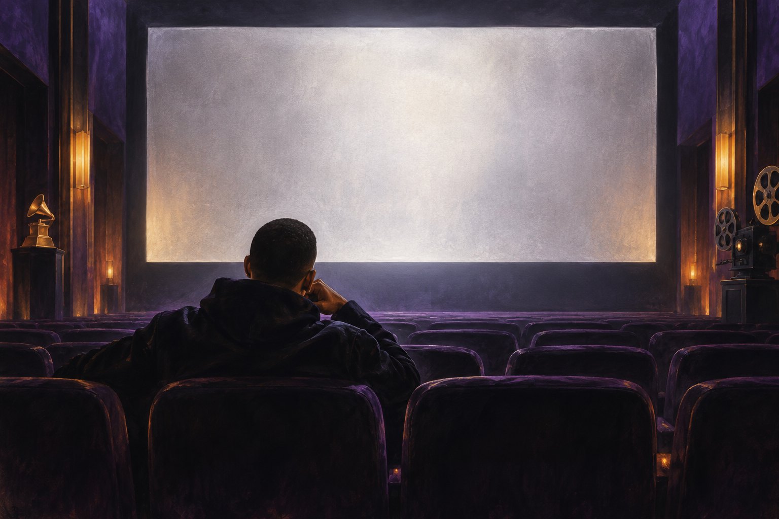 Conceptual illustration of a lone viewer facing a luminous blank screen in a dark movie theater.