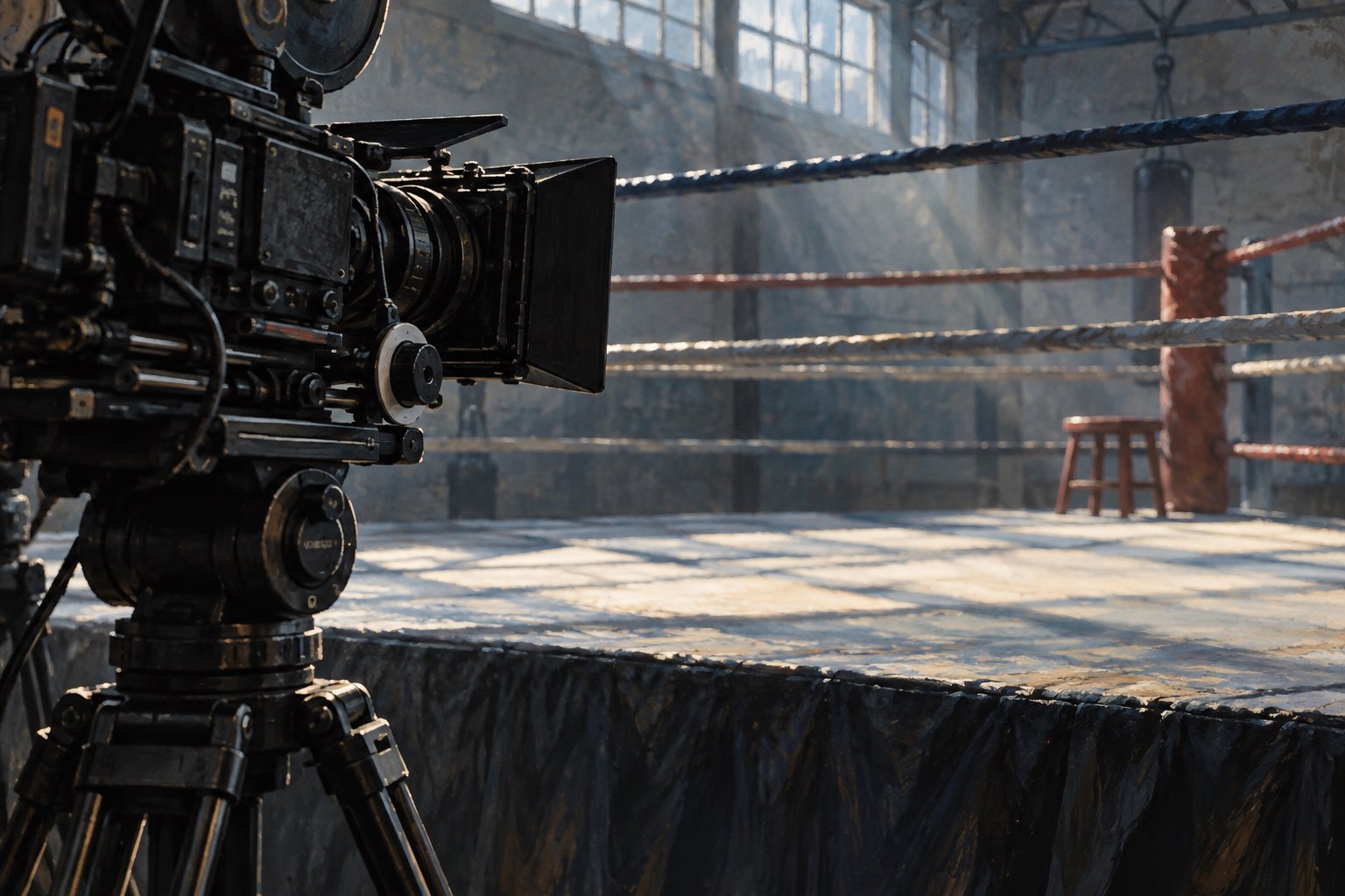 Conceptual illustration of a cinema camera beside boxing ring ropes, facing an empty canvas and corner stool.