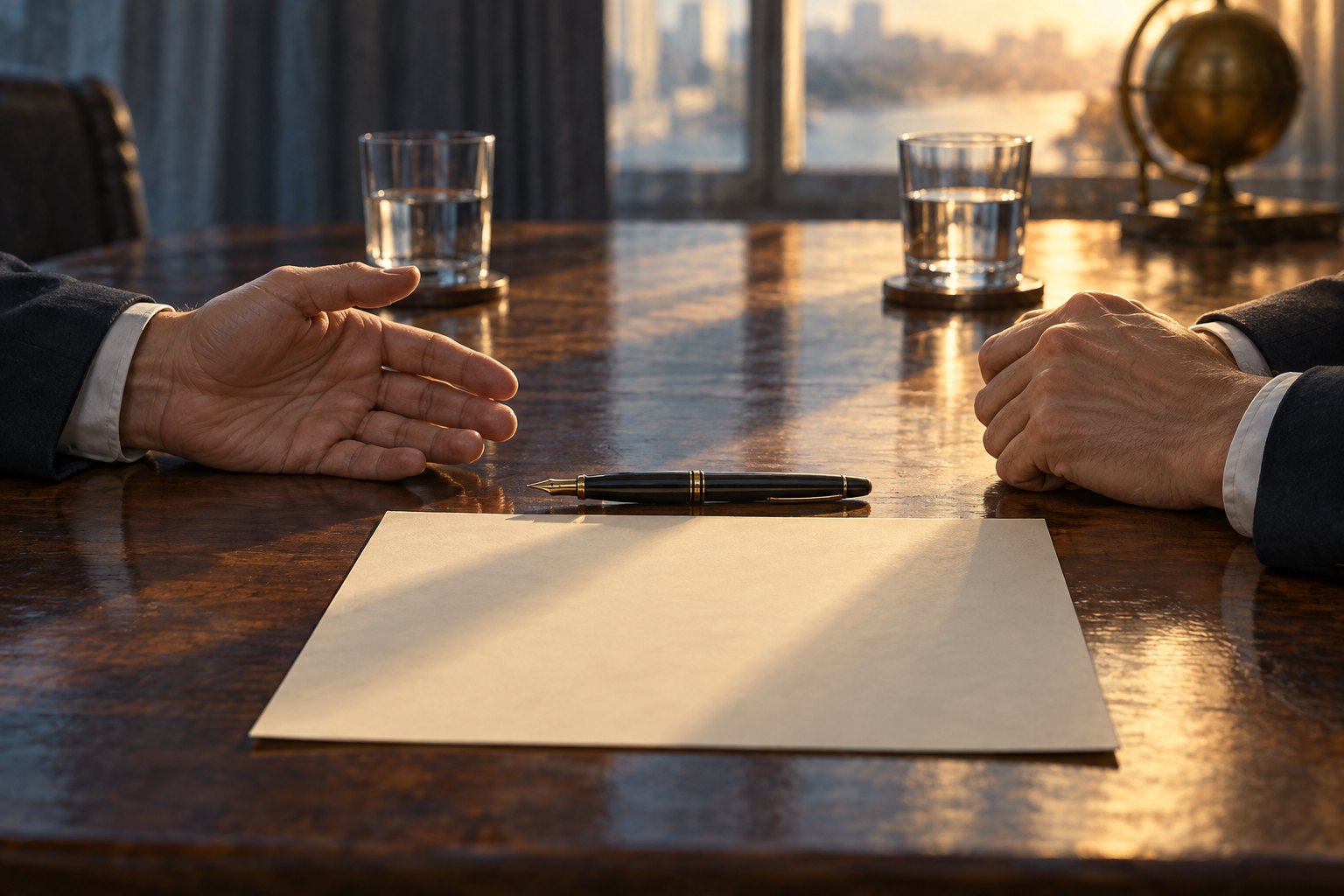 原创主题插画:谈判桌两侧一只手摊开、一只手轻握,空白纸张与钢笔置于中间,非电影剧照
