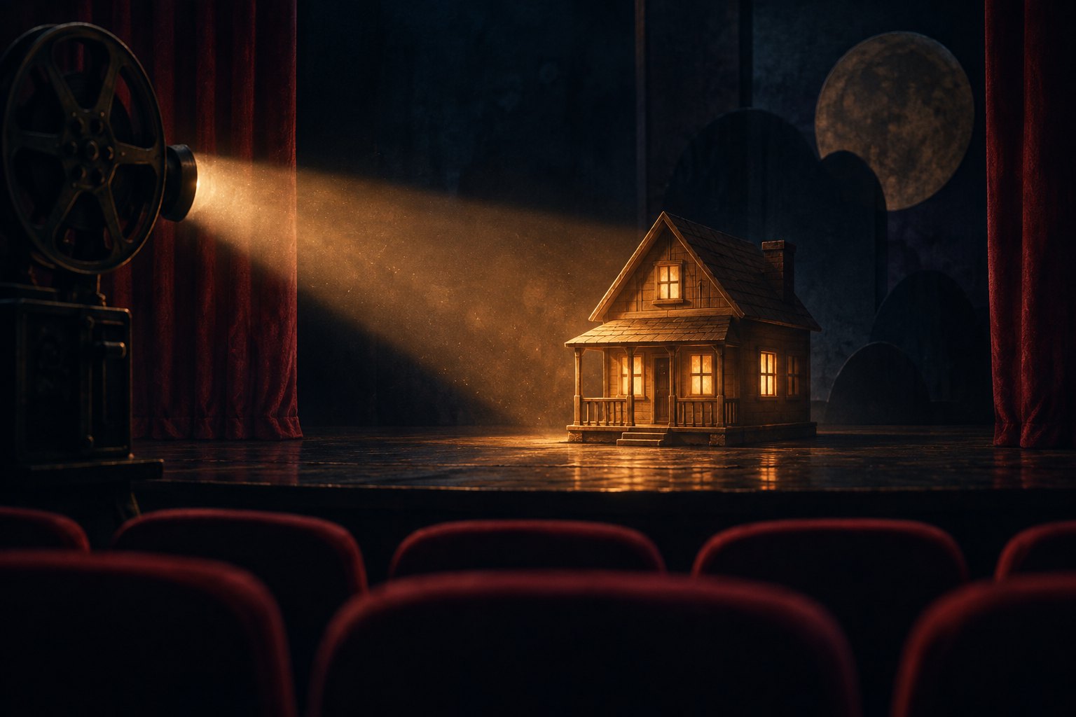 Conceptual illustration of a miniature wooden house illuminated by a projection beam on a dark cinema stage.