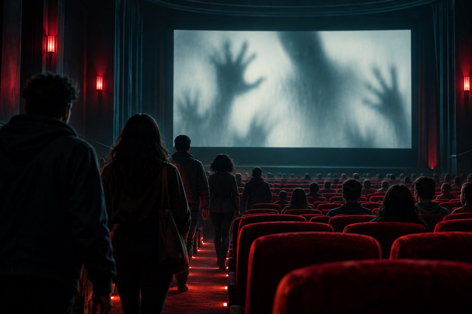 Original editorial illustration of moviegoers entering a red-seated theater beneath a screen filled with ominous shadows.