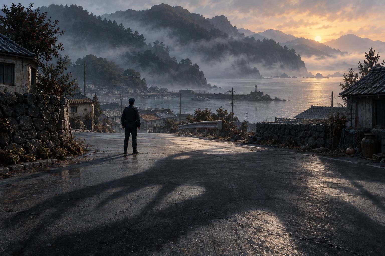 Symbolic illustration of a lone police officer on a misty village road beneath an enormous creature-shaped shadow.