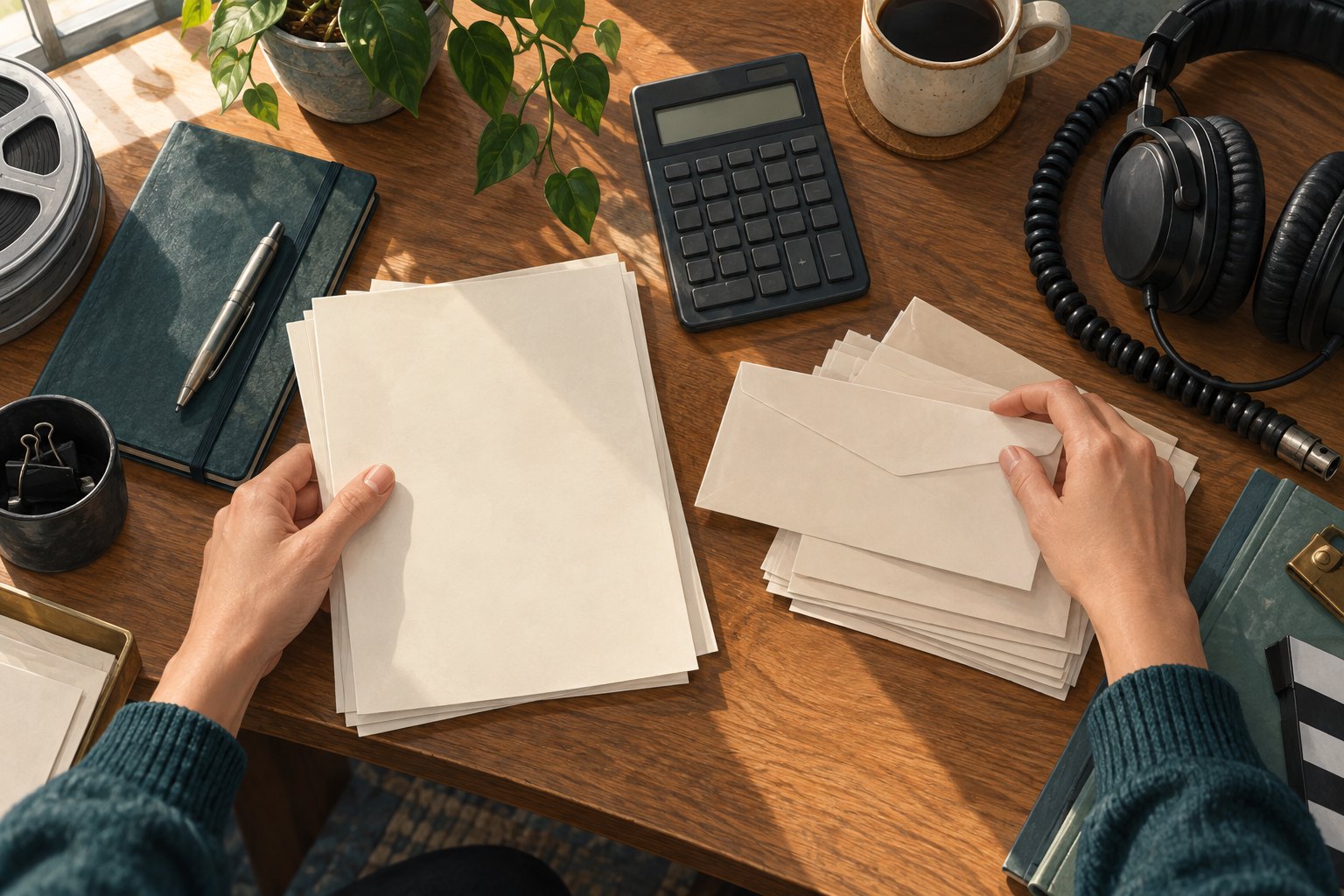 Editorial illustration of hands sorting blank papers and envelopes beside a calculator and production headphones.