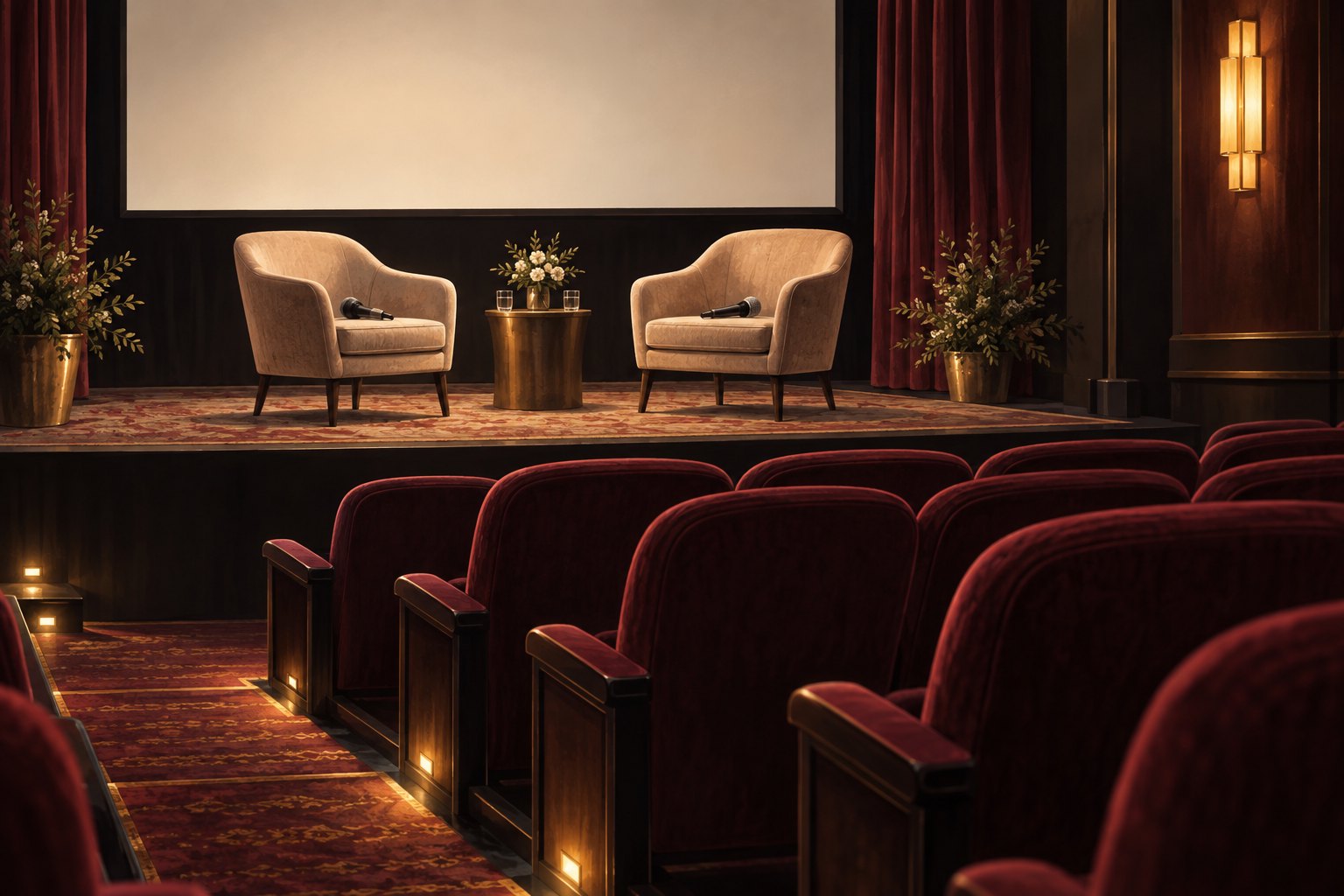 Conceptual illustration of two empty chairs with microphones beneath a blank cinema screen, facing rows of burgundy seats.