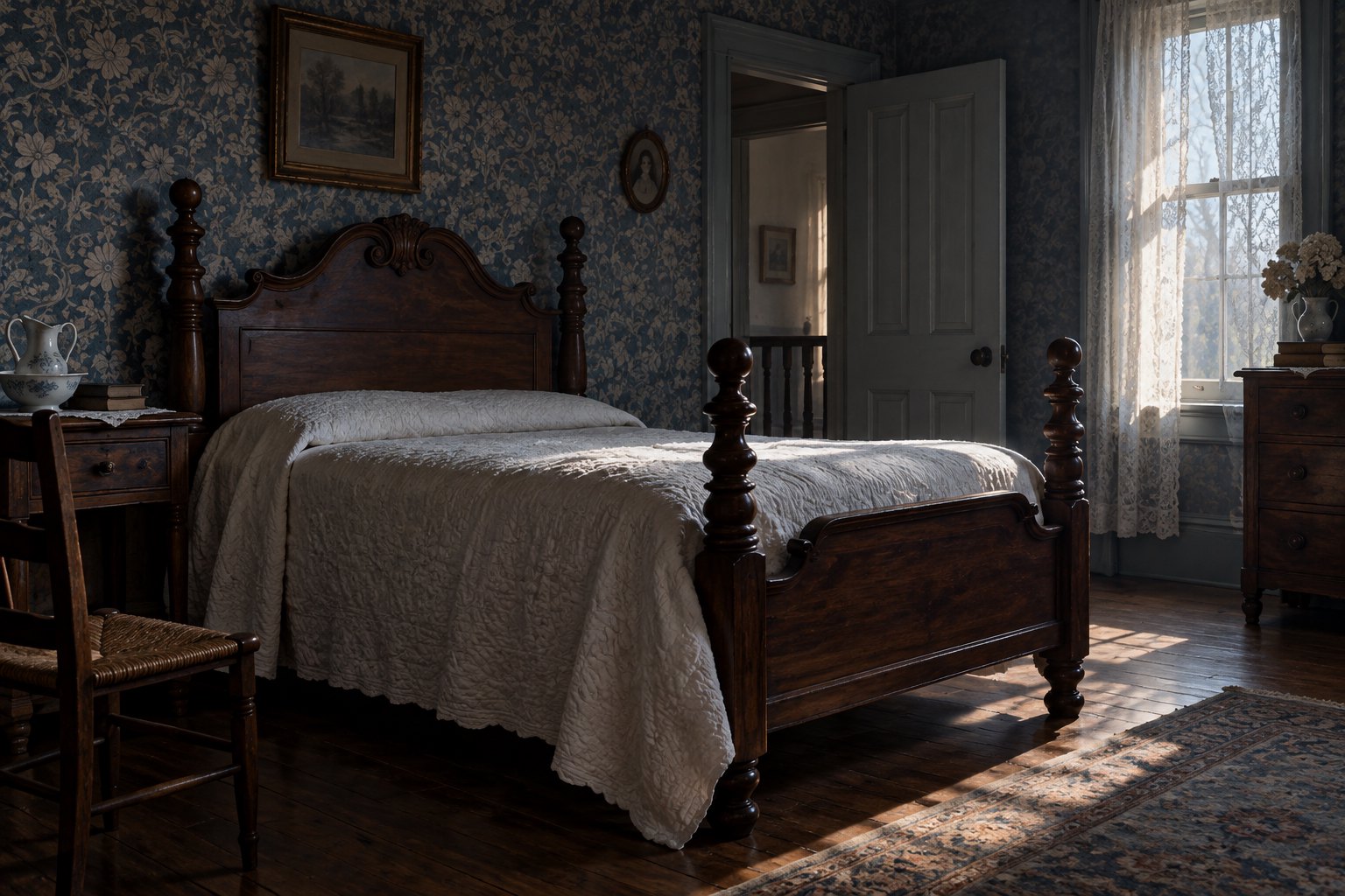 Conceptual illustration of an empty Victorian bedroom with a carved wooden bed, blue wallpaper, and morning light.