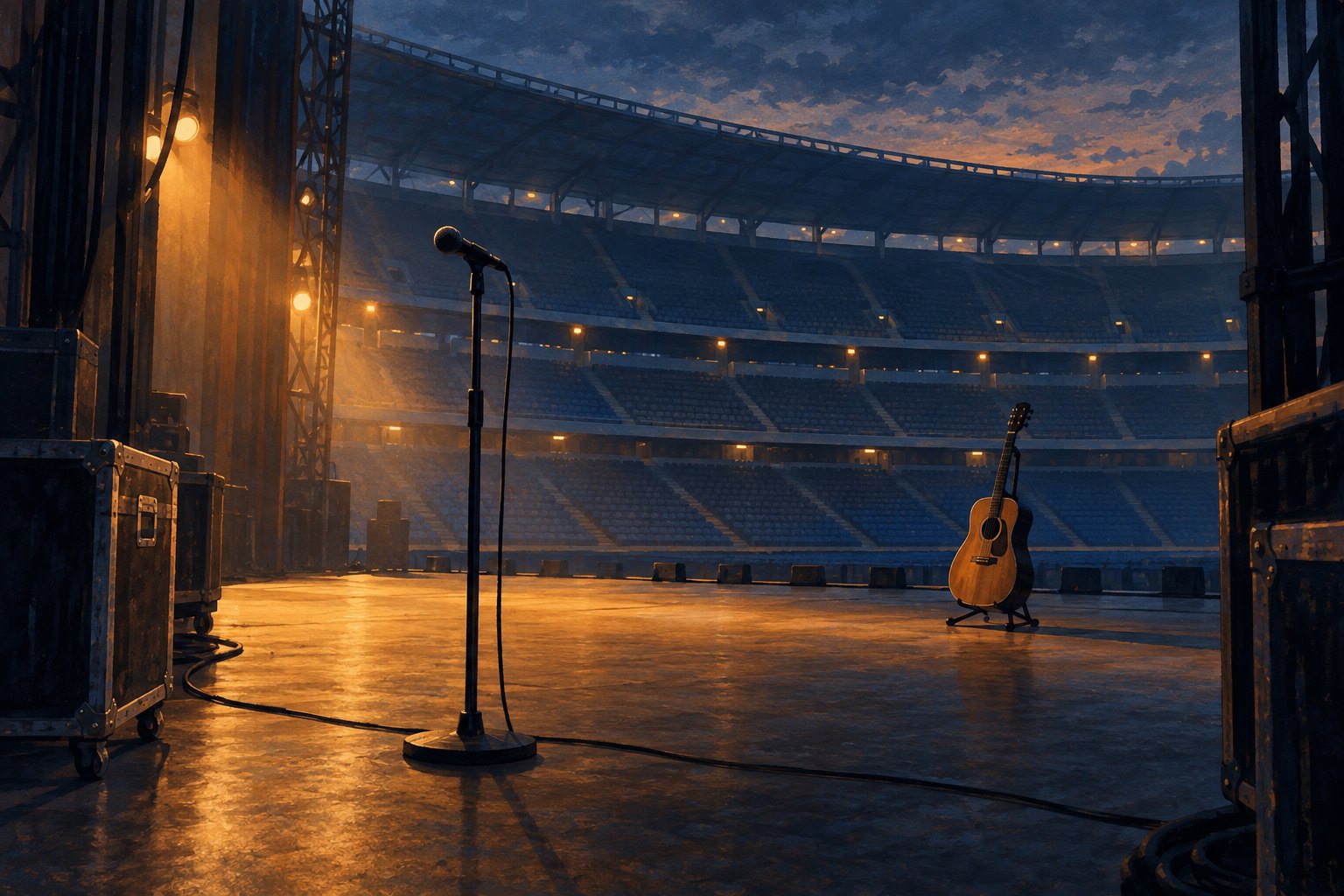 Conceptual illustration of a microphone and acoustic guitar on an empty stadium stage under amber and blue lighting.