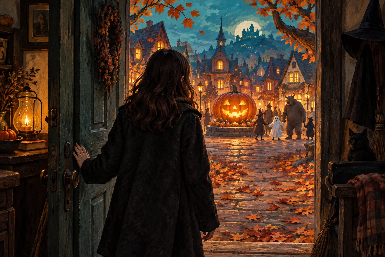Illustration of a girl looking through an open doorway toward a glowing pumpkin and fantastical figures in an autumn village.