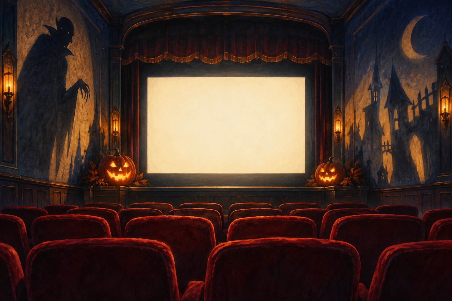 Illustration of an empty vintage cinema with red seats, glowing pumpkins, and eerie shadows surrounding a blank screen.