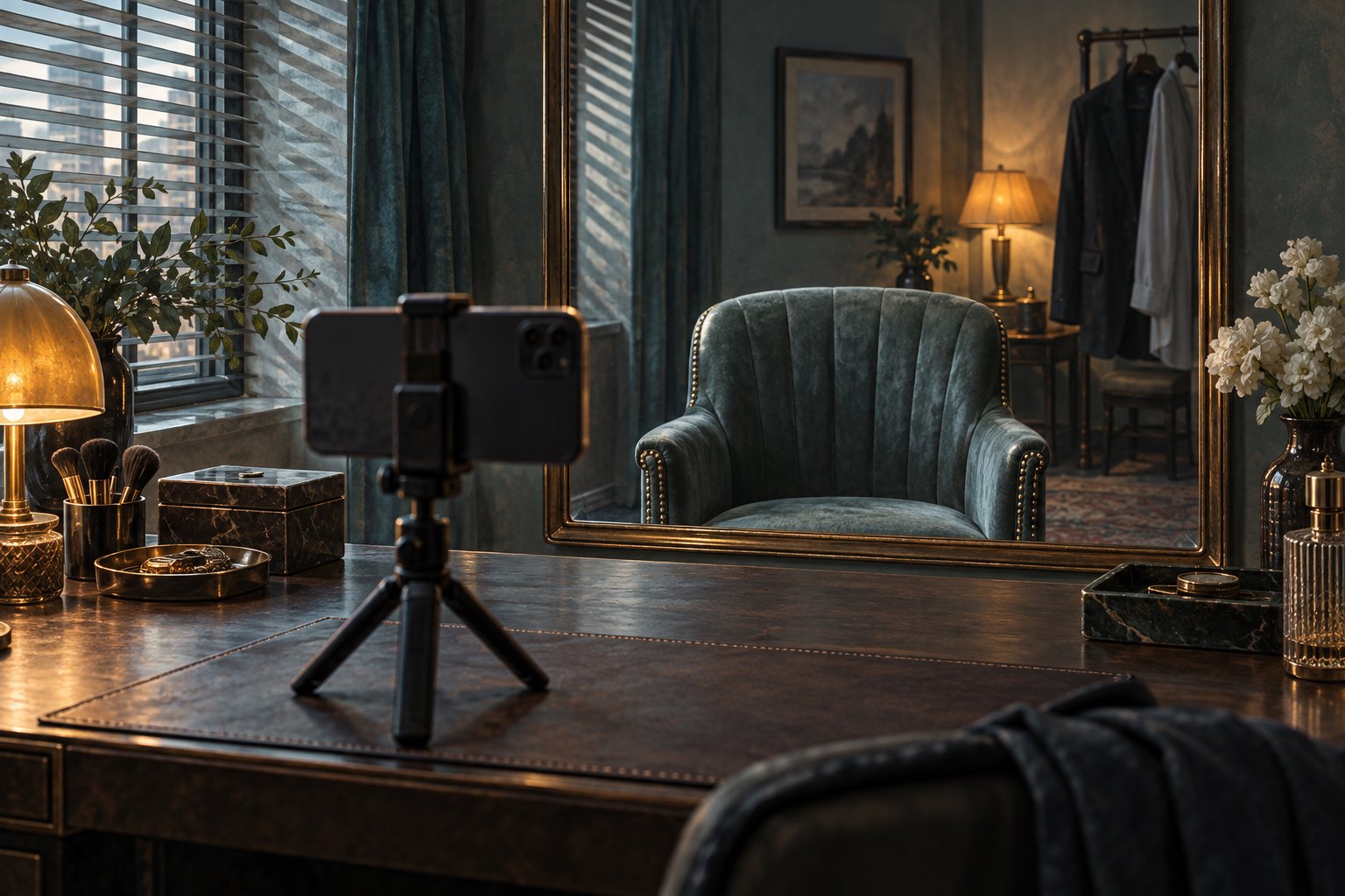 Conceptual illustration of a smartphone on a tabletop tripod facing a mirror that reflects an empty upholstered chair.