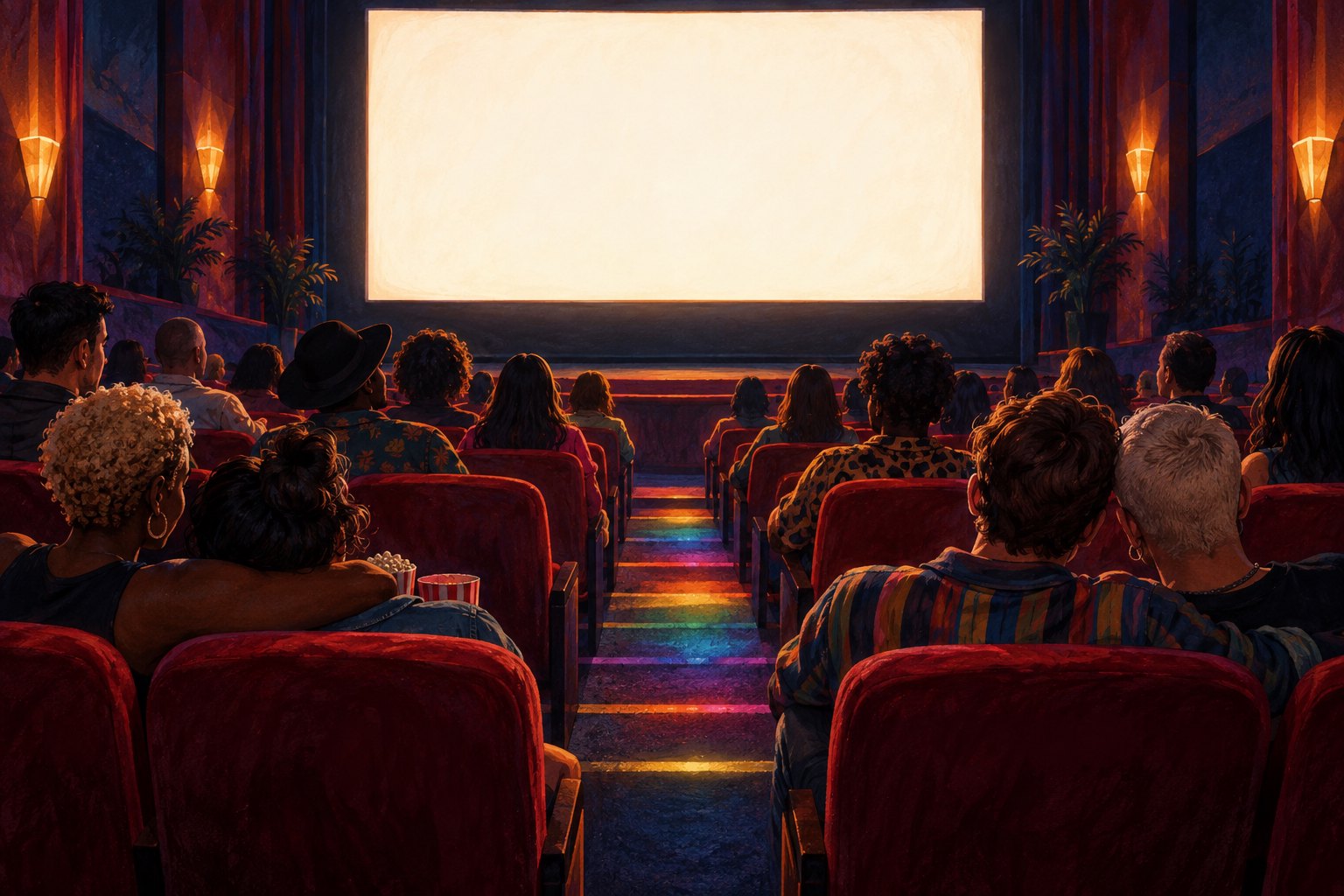 Editorial illustration of moviegoers in red cinema seats facing a blank screen, with rainbow-colored light across the aisle.