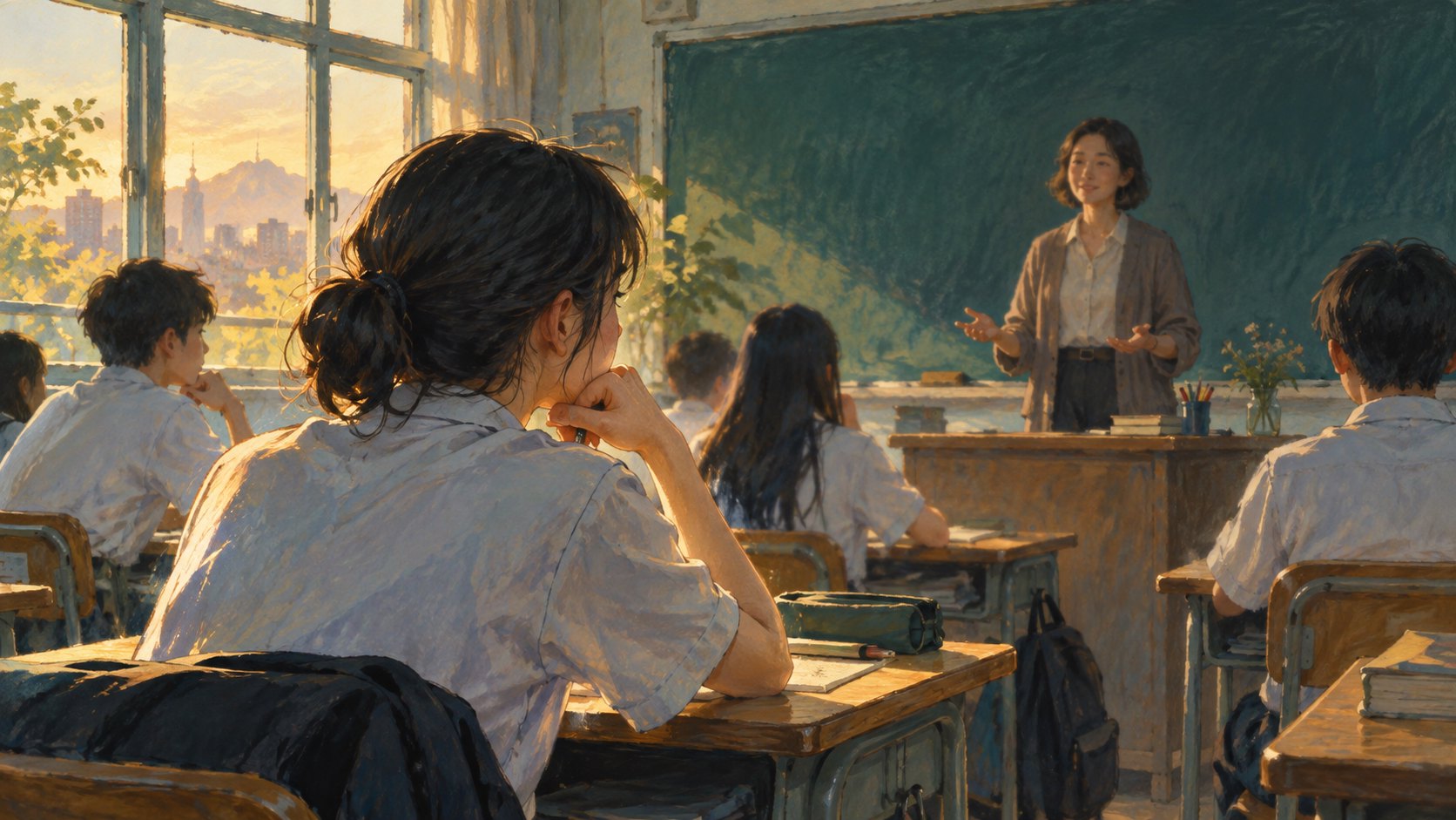 概念插畫：學生坐在教室前景沉思，老師在講桌旁張開雙手說明