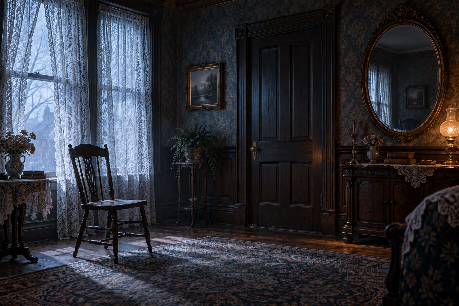 Conceptual illustration of an empty Victorian parlor with lace curtains, a wooden chair, and an oval mirror.