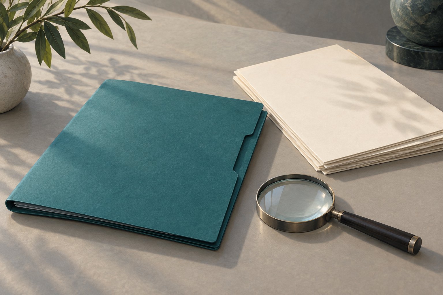 Conceptual illustration of a teal folder, blank papers, and a magnifying glass on a sunlit desk.
