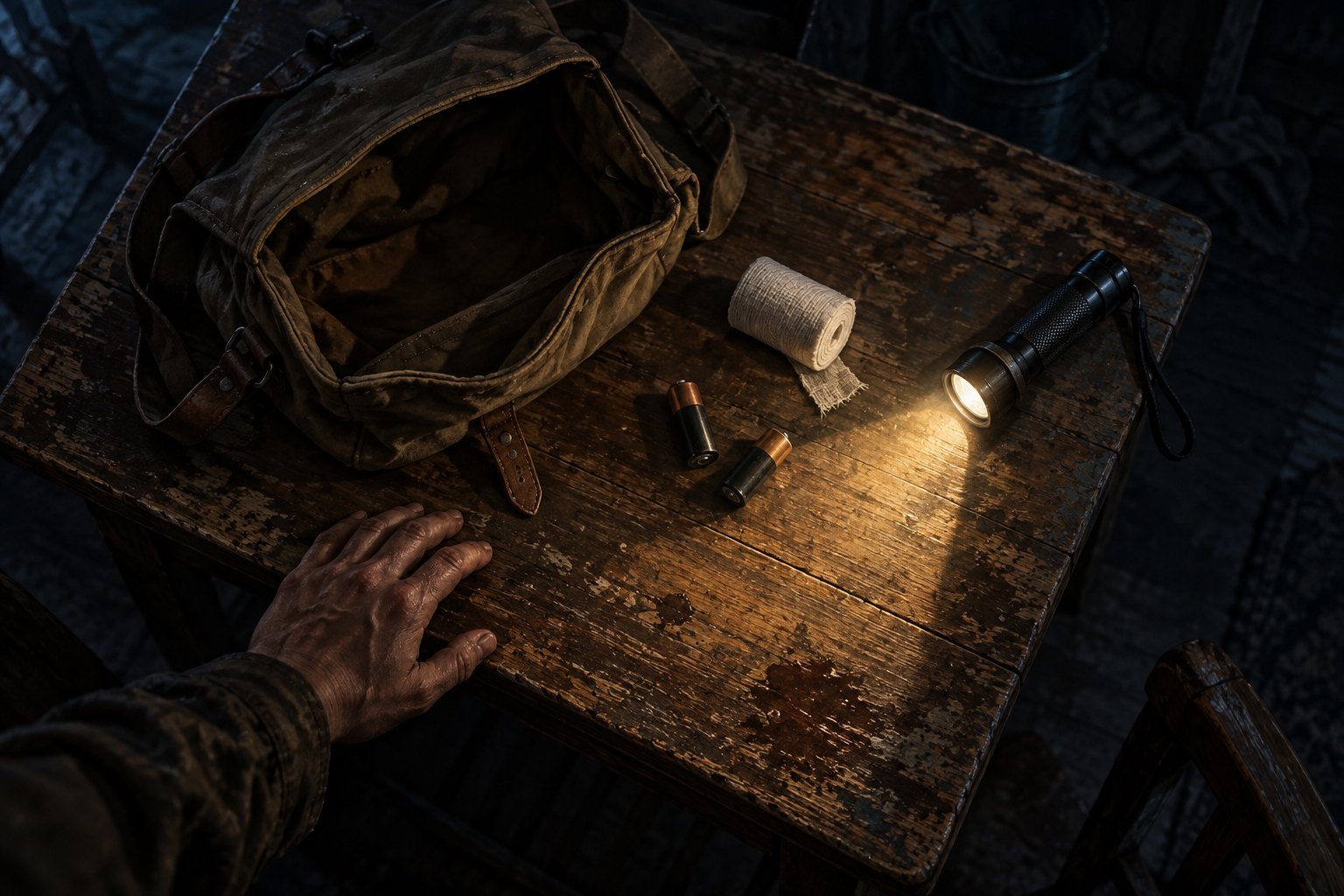 Conceptual illustration of a nearly empty satchel, gauze, batteries, and a flashlight on a worn table beside a waiting hand.