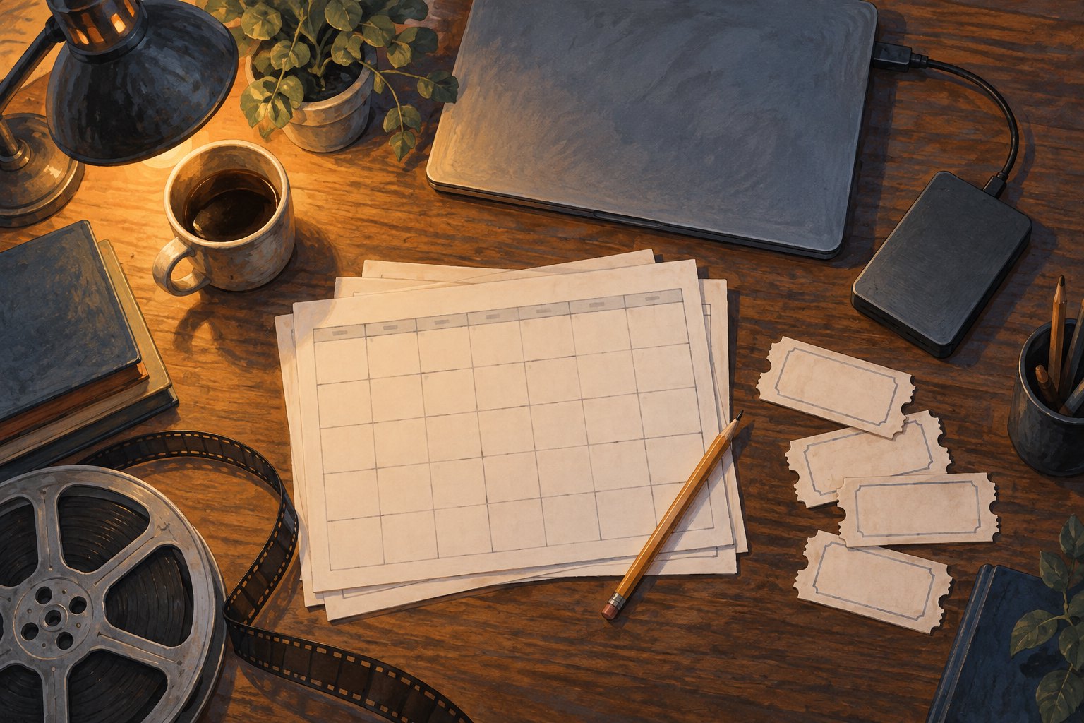 Conceptual illustration of a cinema booking desk with a laptop, portable drive, blank calendar, ticket slips, and film reel.