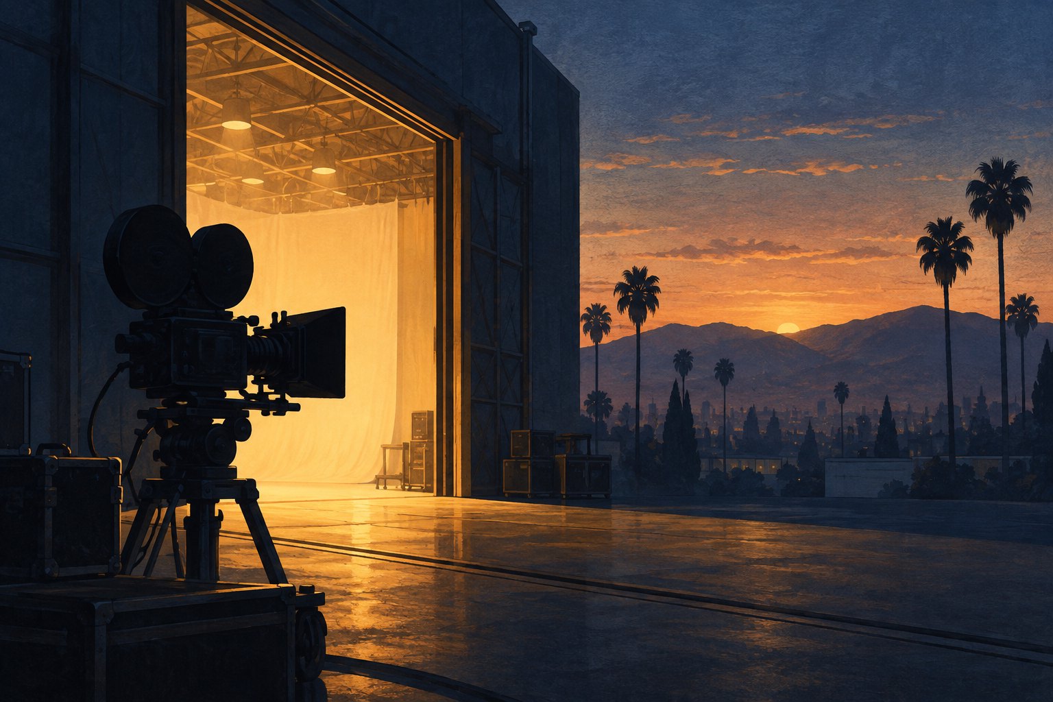 Conceptual illustration of a silhouetted movie camera beside a warmly lit soundstage doorway at dusk.