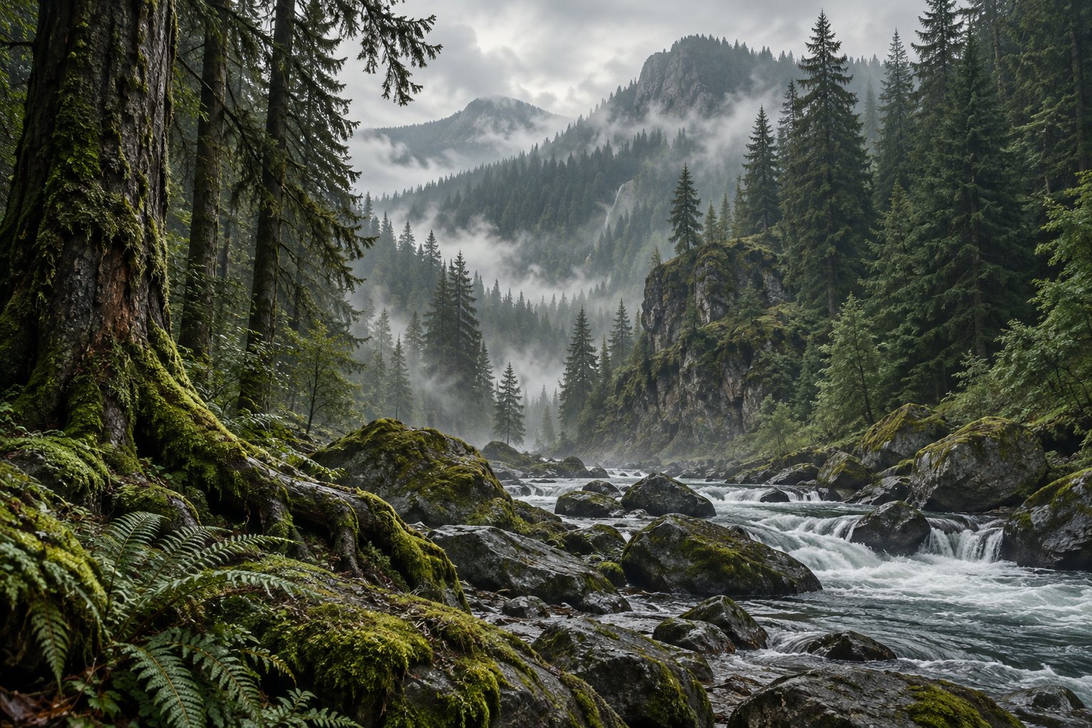 Original landscape illustration of a rocky stream winding through misty evergreen mountains.