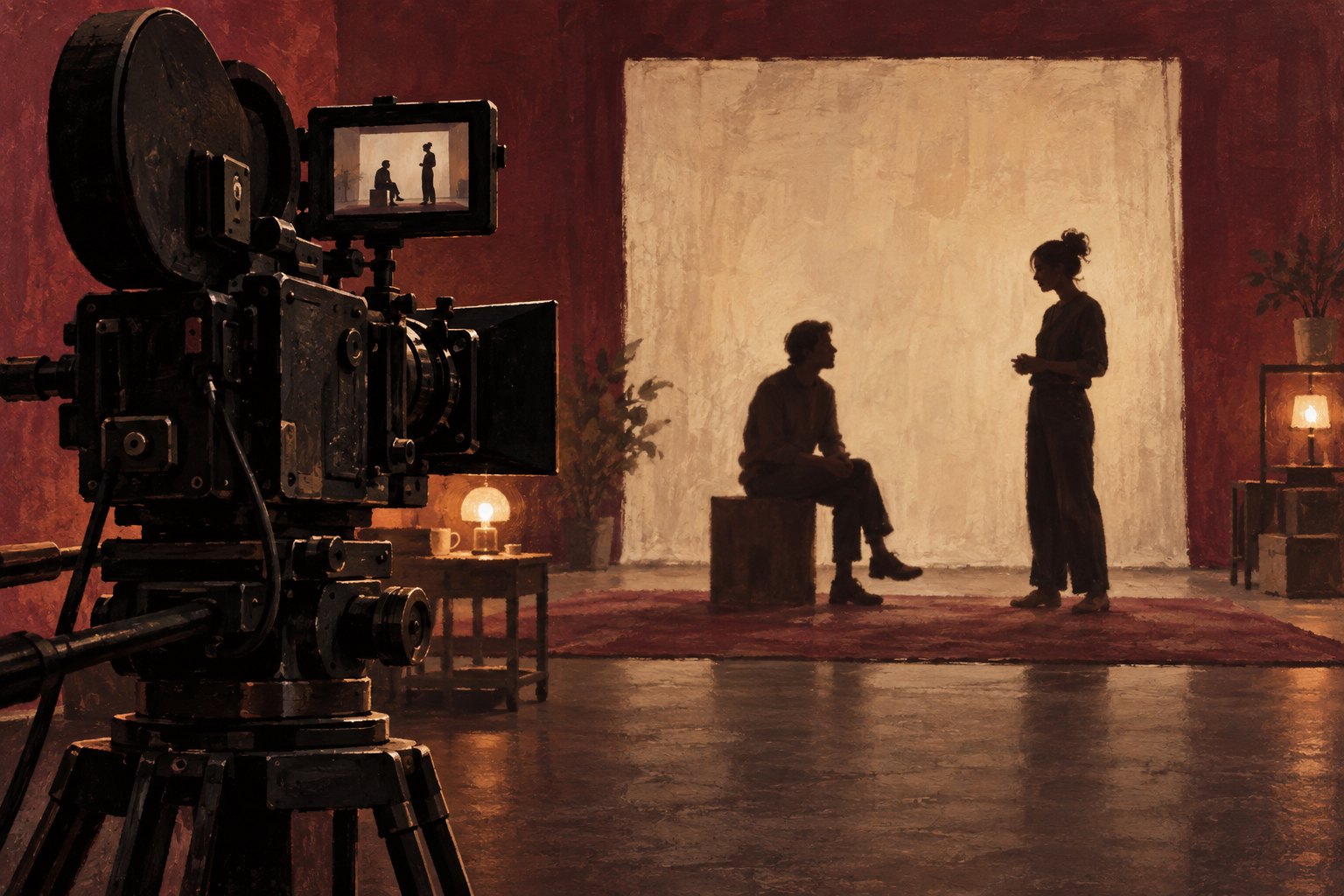 Conceptual illustration of a film camera framing two anonymous performers in a warmly lit rehearsal space.
