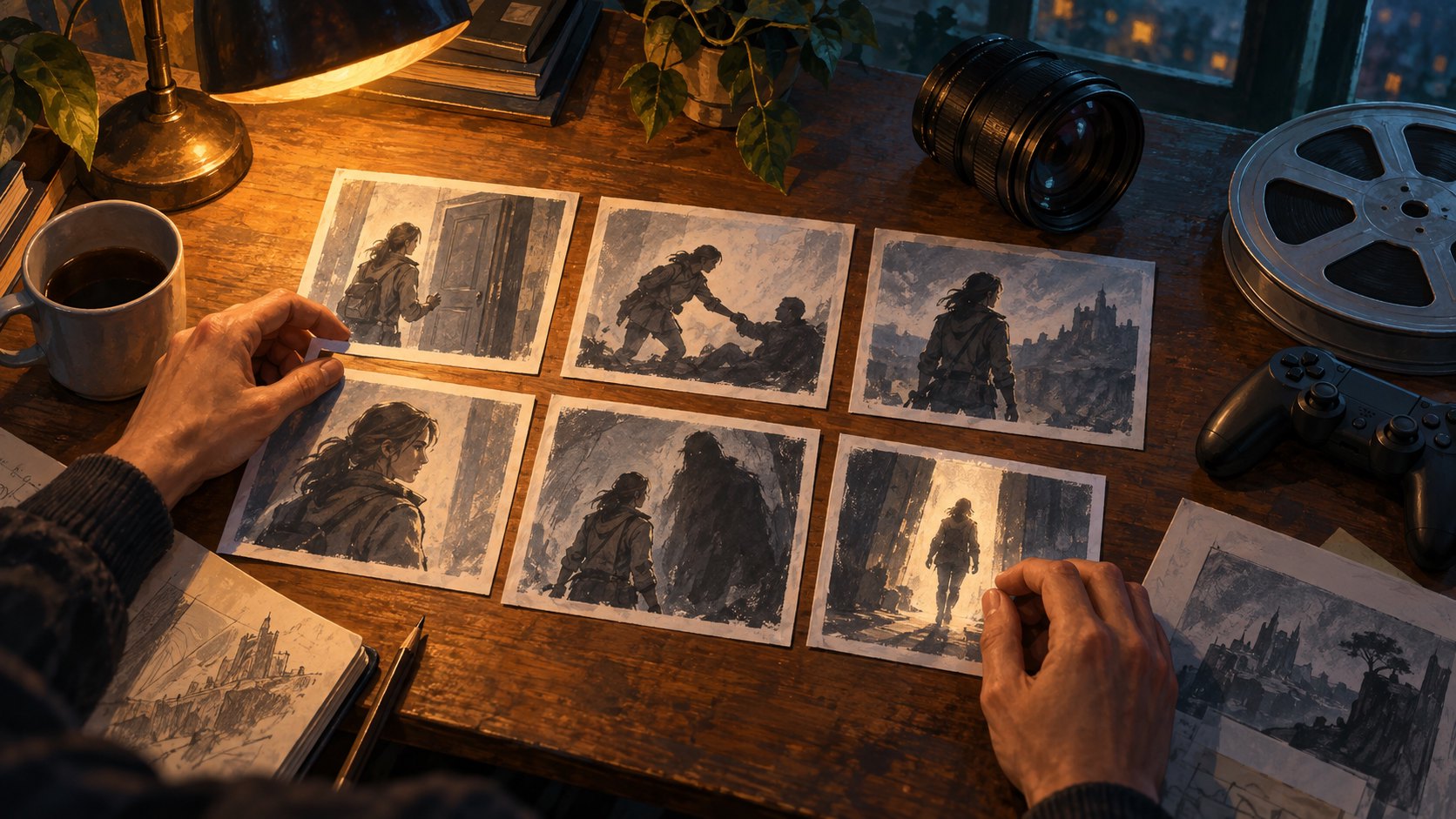 雙手在燈下排列角色行動的分鏡草圖，呈現改編作品建立人物動機的概念，非實際電影劇情
