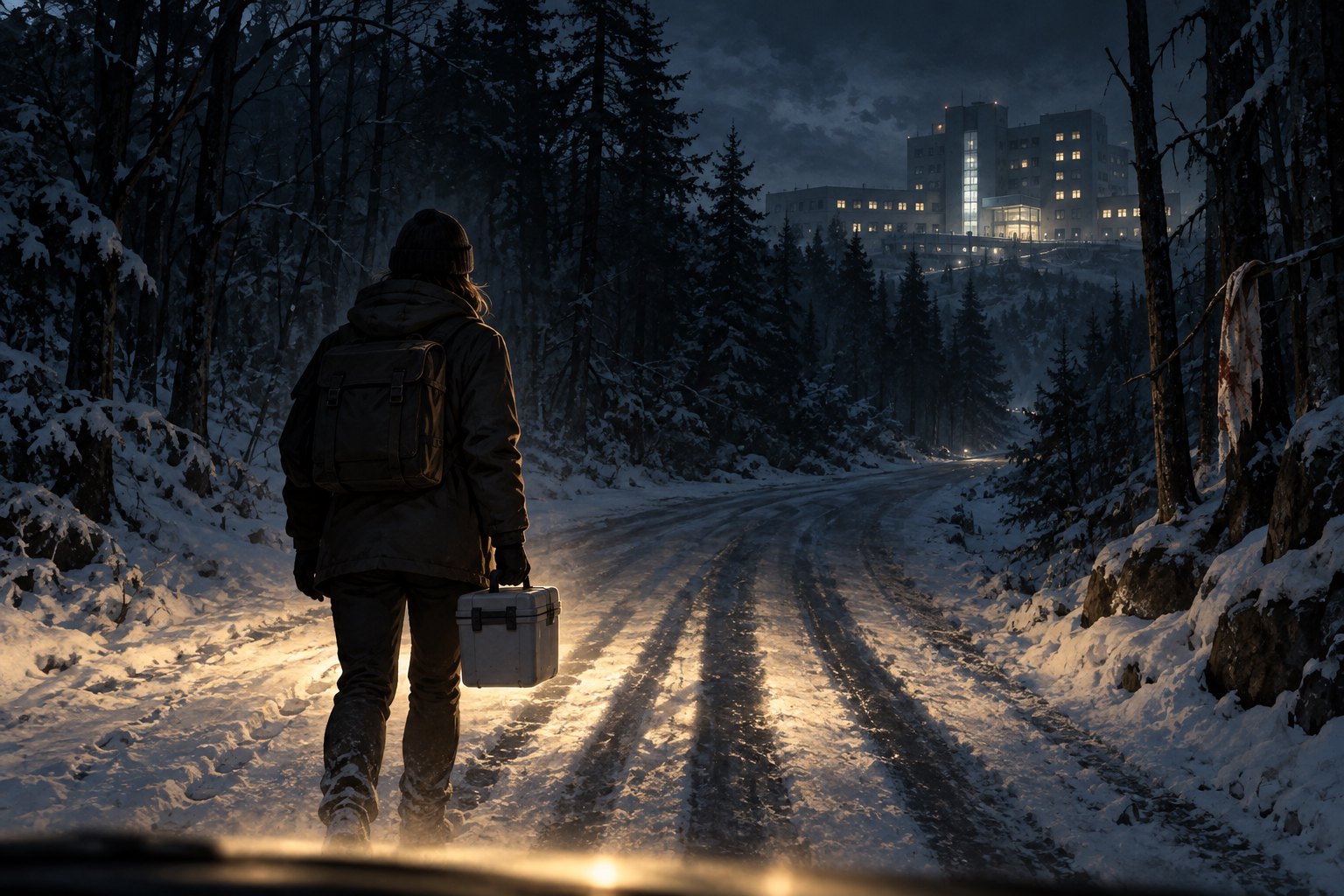 Conceptual illustration of a courier carrying a medical case along a snowy forest road toward a distant illuminated hospital.