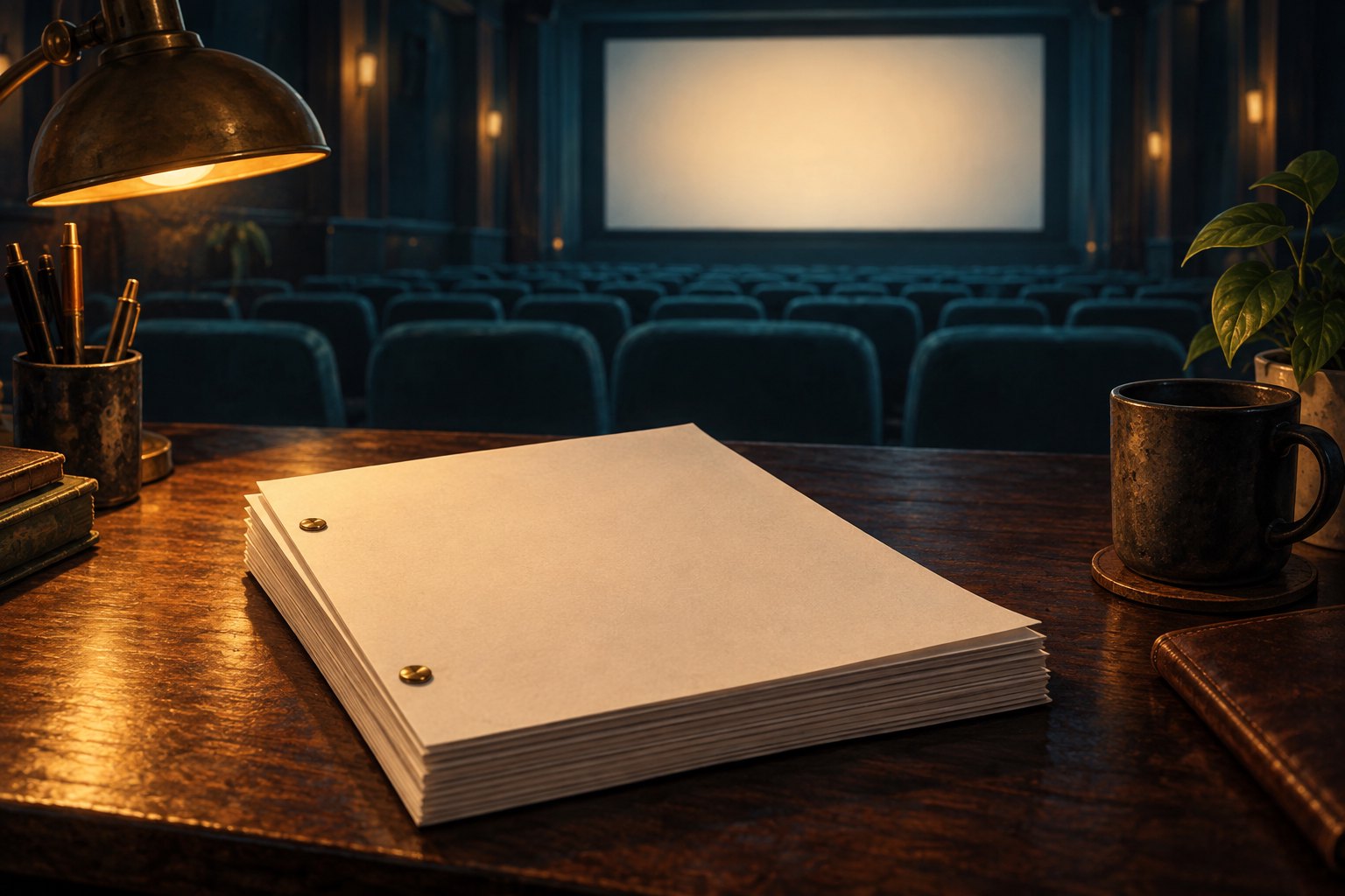 A bound stack of blank pages rests on a warmly lit desk overlooking an empty cinema.