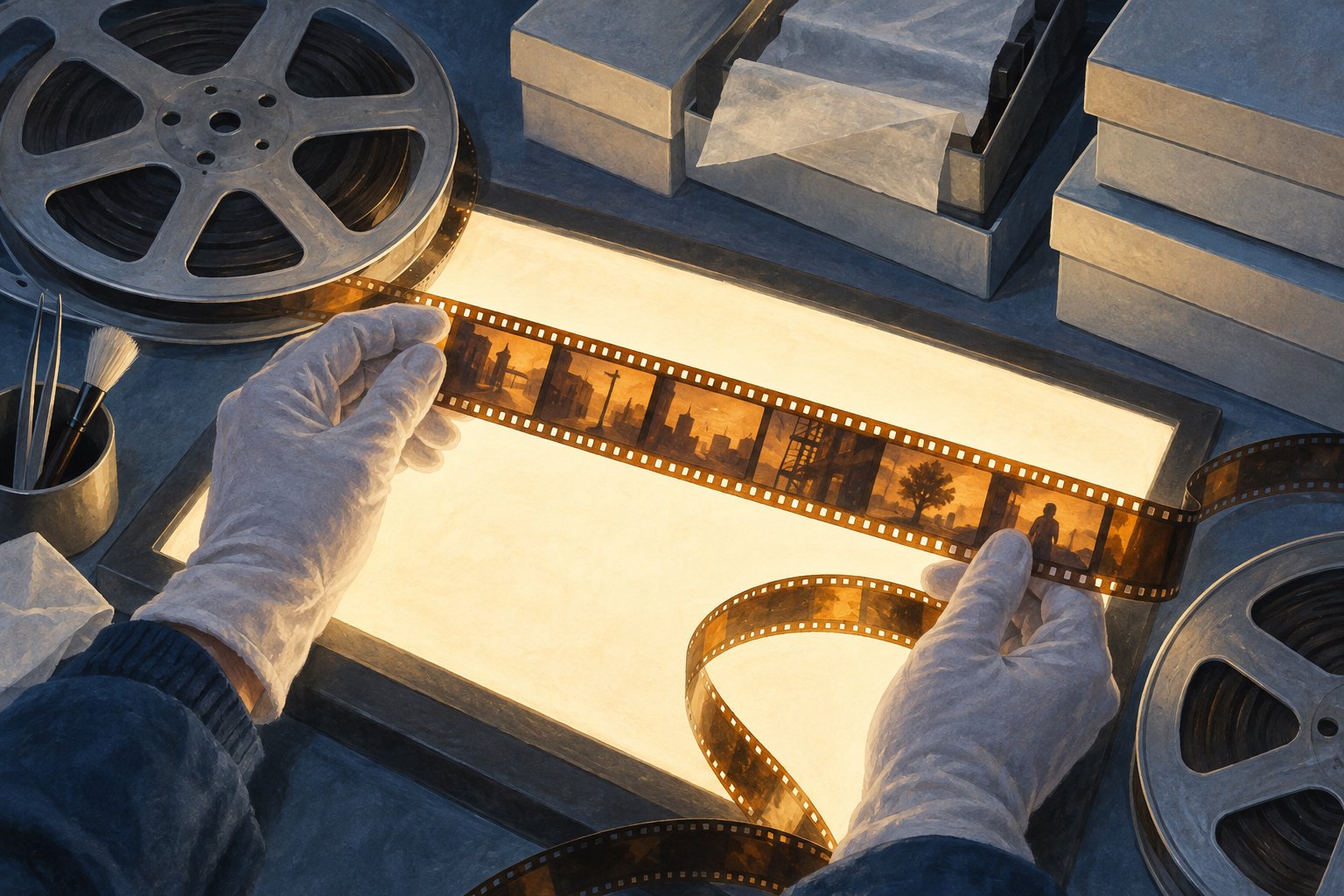 Conceptual illustration of an archivist inspecting motion picture film beside metal reels on a light table.