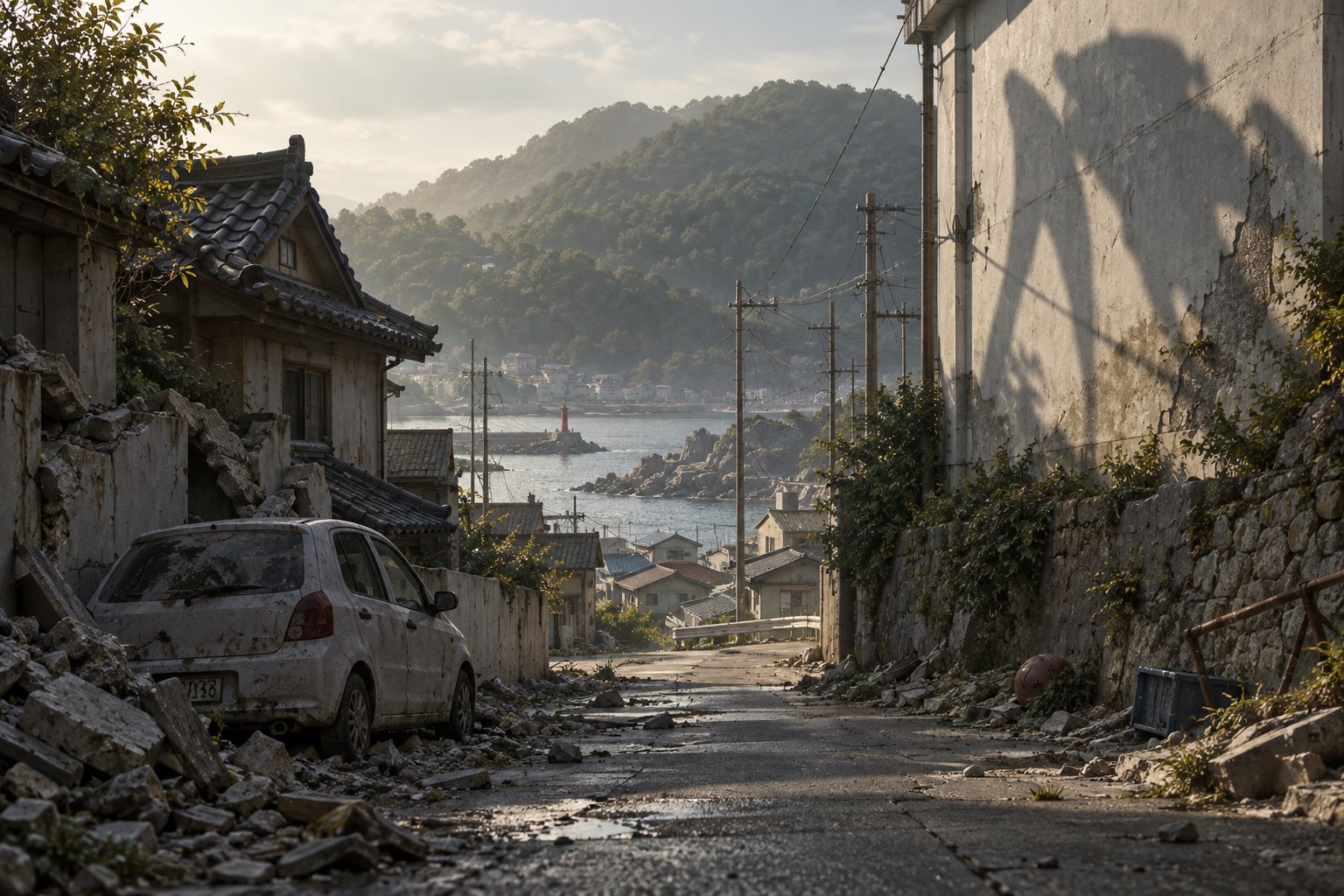 Concept illustration of a damaged coastal town street with an abandoned car and a huge creature shadow on a wall.