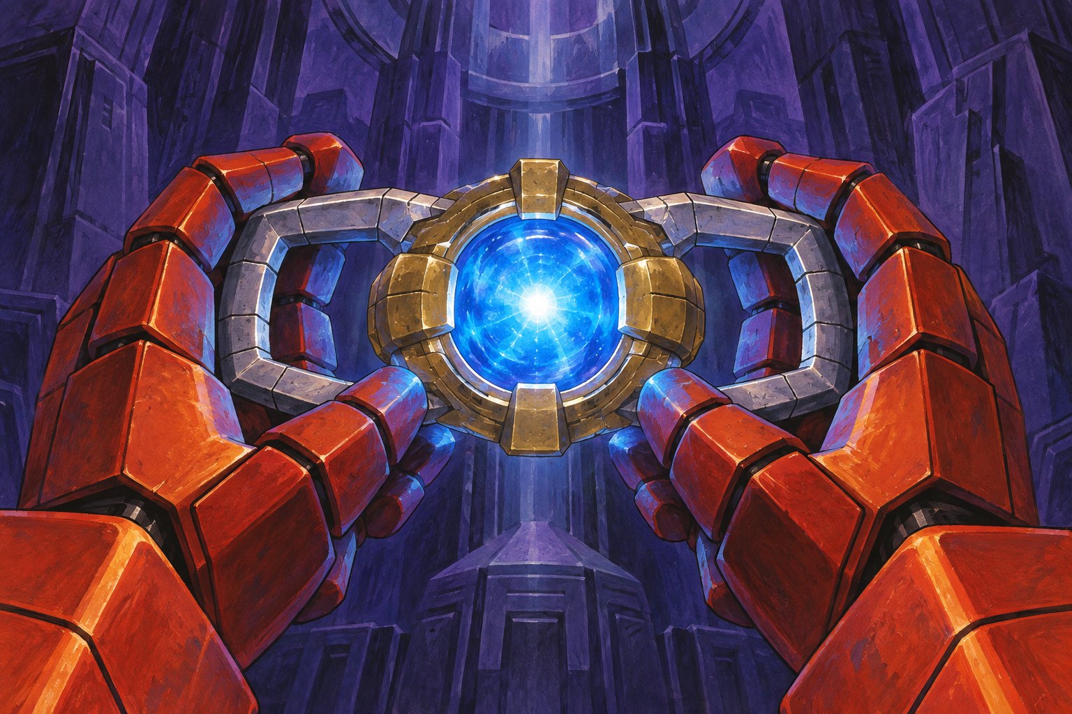 Red-orange mechanical hands hold a silver and gold relic with a glowing blue core against shadowy violet machinery.