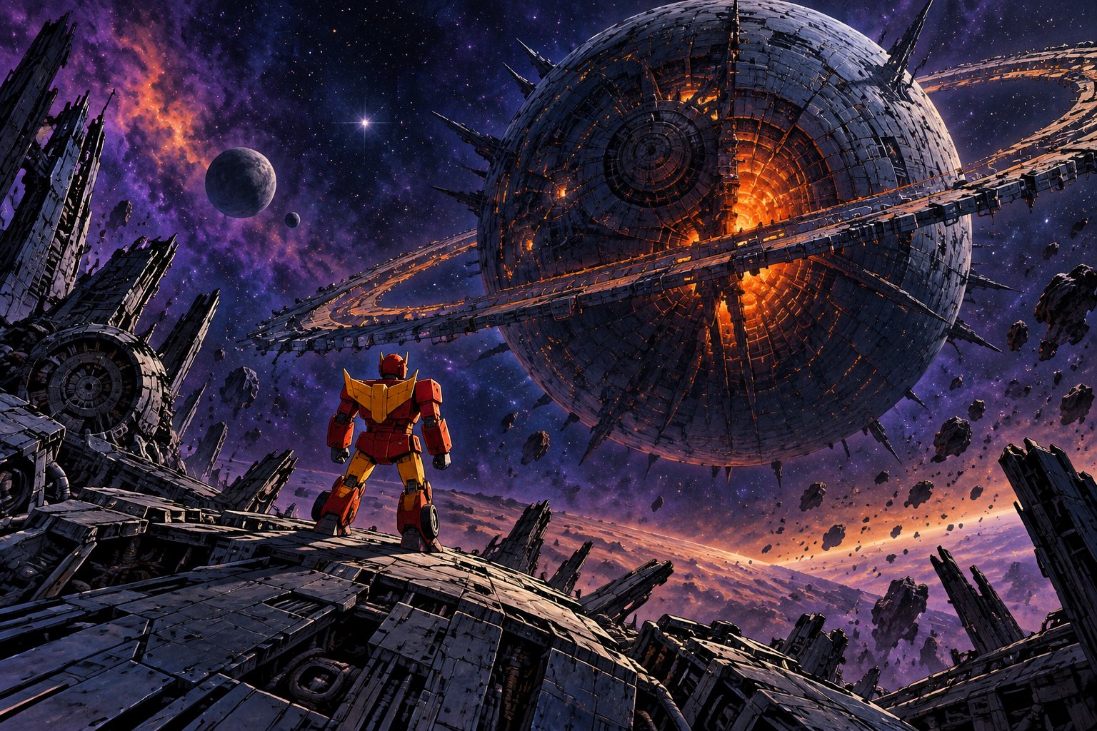 A red-orange robot stands on a shattered metallic ridge beneath an immense ringed mechanical planet.