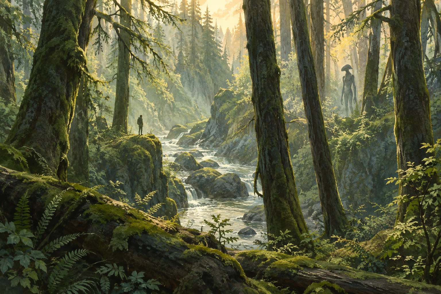 Concept illustration of a human and an alien figure facing each other across a stream in a sunlit, moss-covered forest.