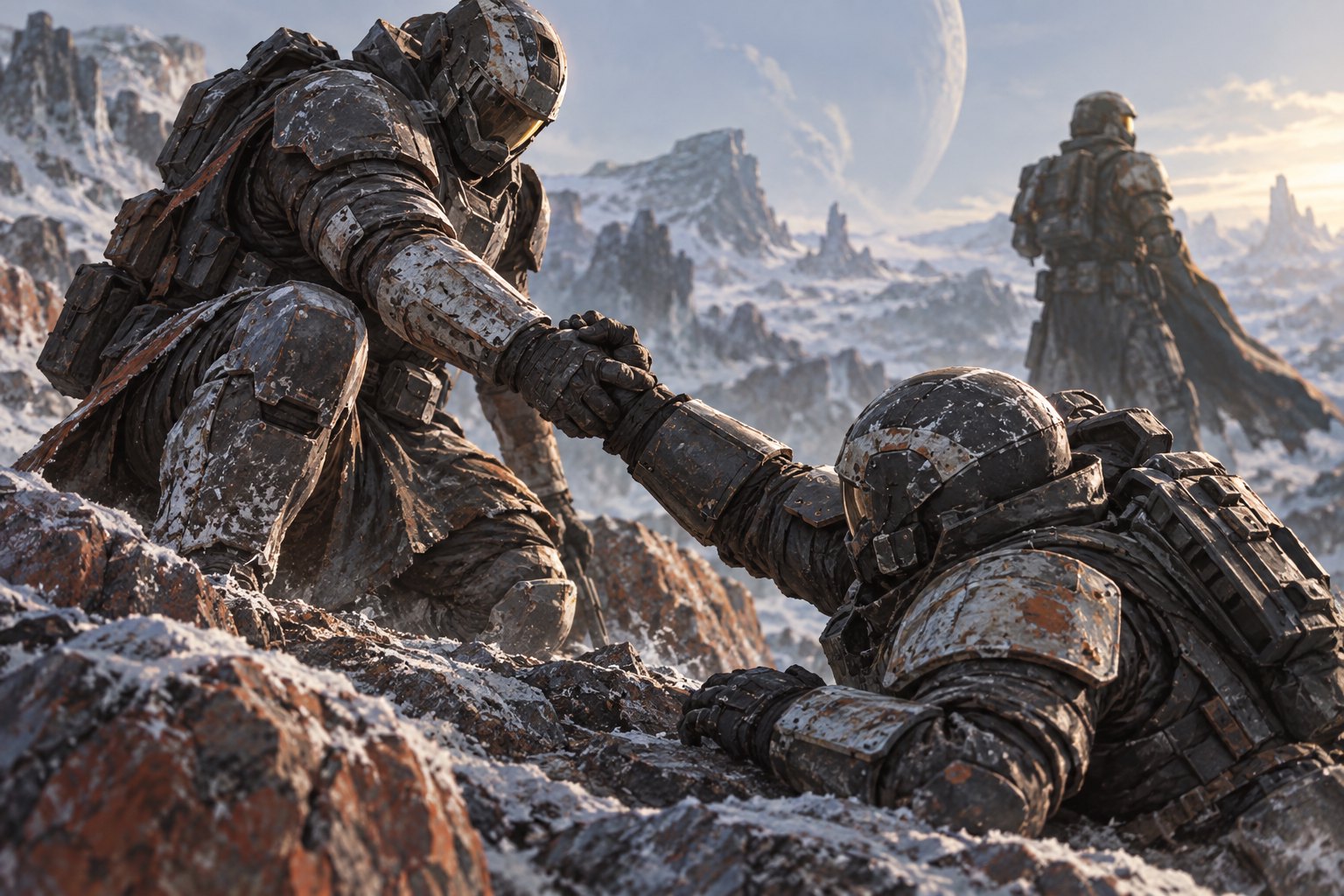 Concept illustration of an armored soldier helping a teammate climb over rocky ground while another stands watch.