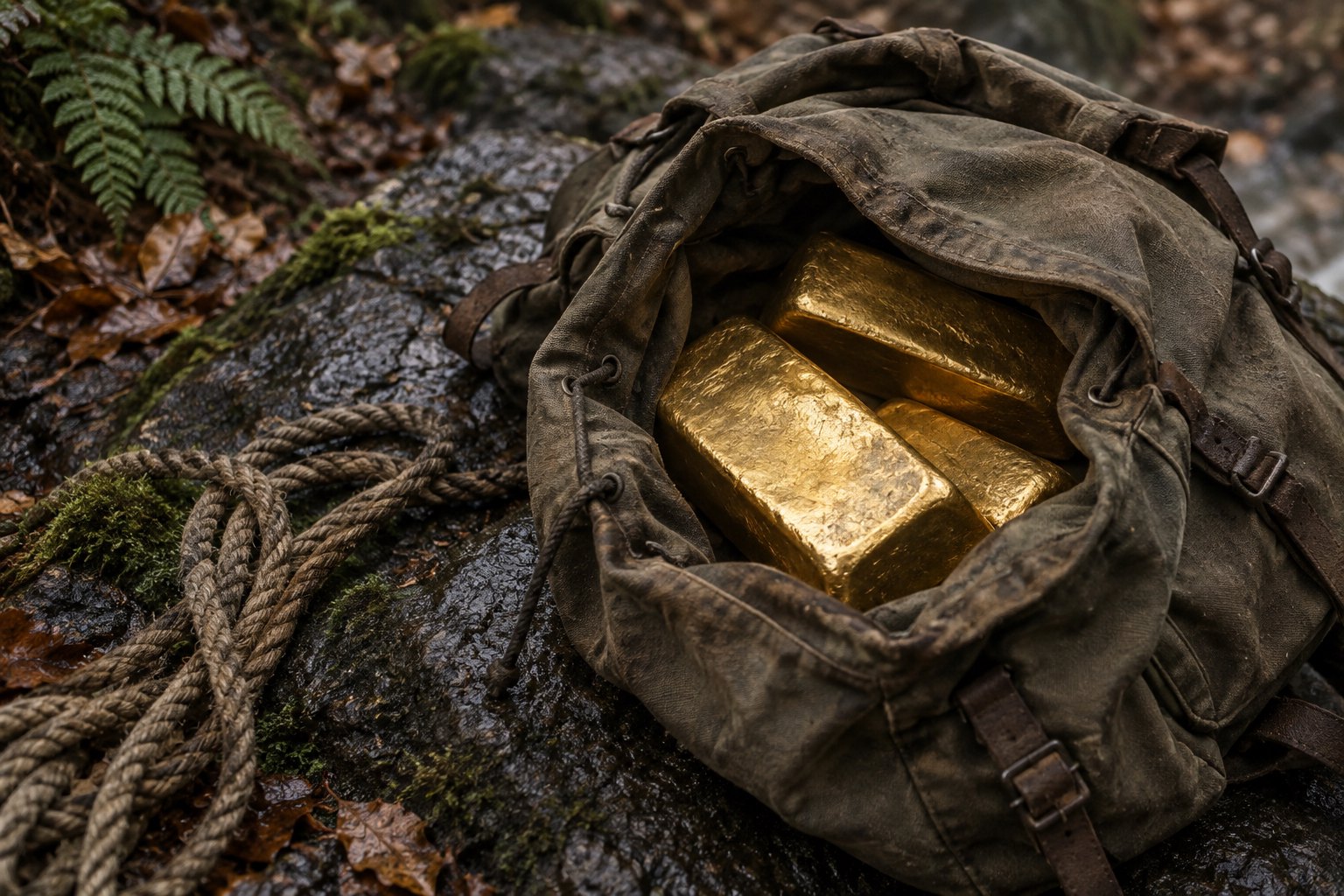 Original conceptual illustration of gold bars in a weathered canvas backpack beside rope on wet rock.