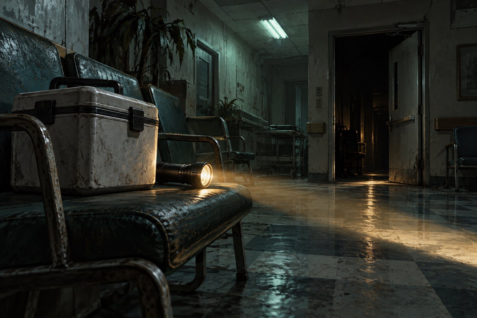 Concept illustration of a medical case and glowing flashlight on a worn hospital chair beside a dark doorway.