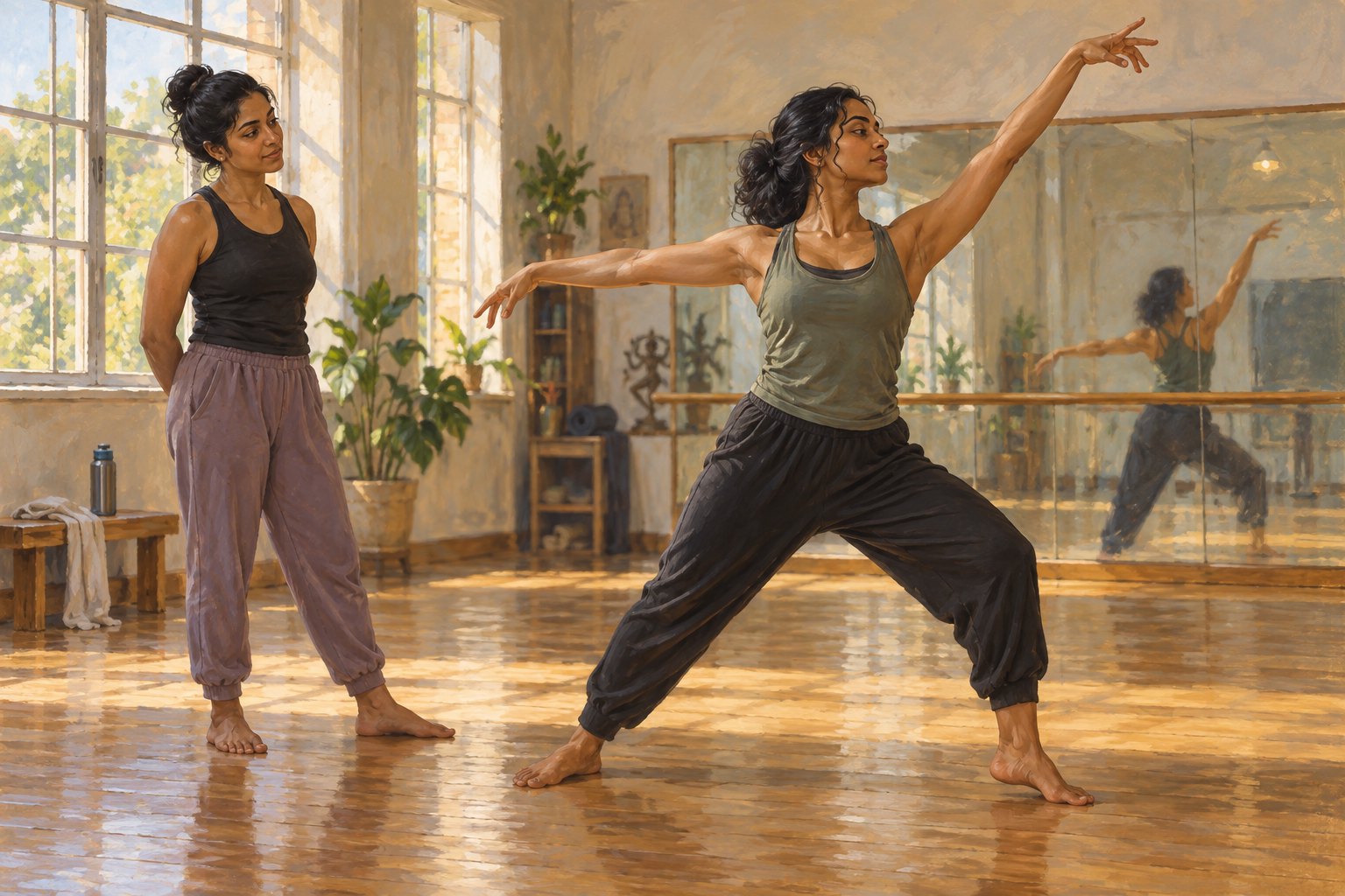 Conceptual illustration of a woman practicing an expansive dance gesture while another woman watches in a sunlit studio.