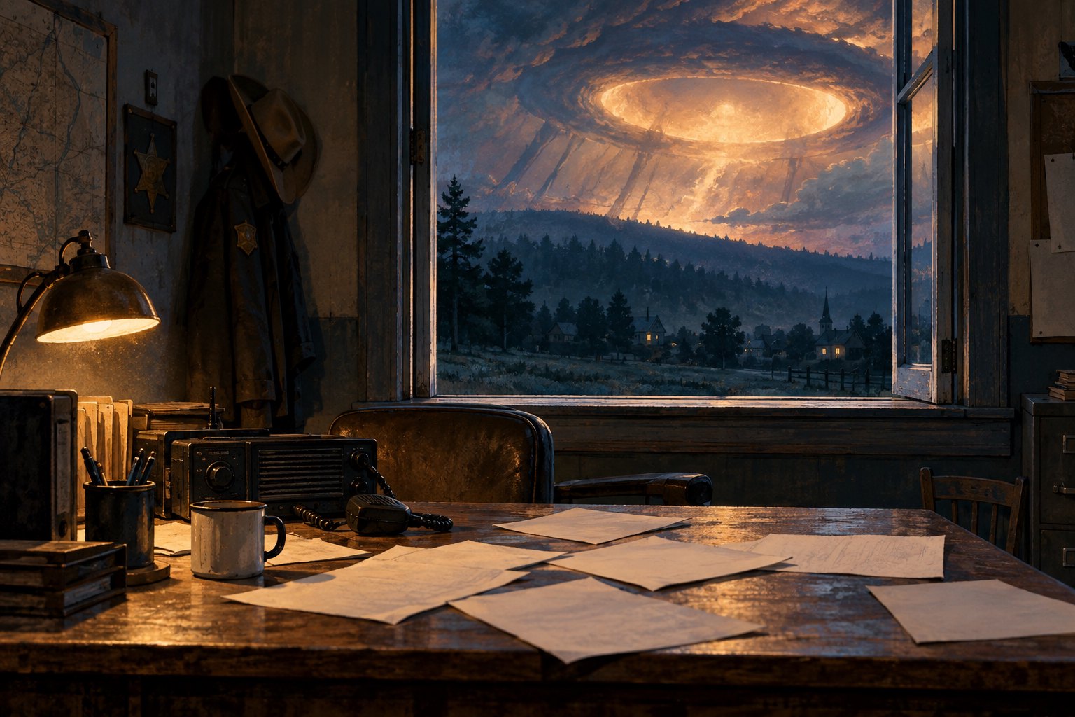 Concept illustration of an empty police office overlooking a wooded village beneath an enormous glowing disturbance in the sky.