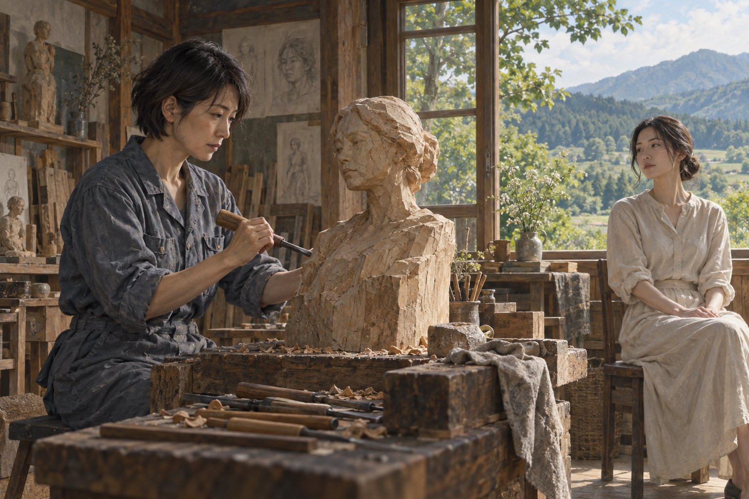 原创主题插画:乡间工作室里,女性雕塑家与窗旁的成年模特隔着未完成的木雕相望