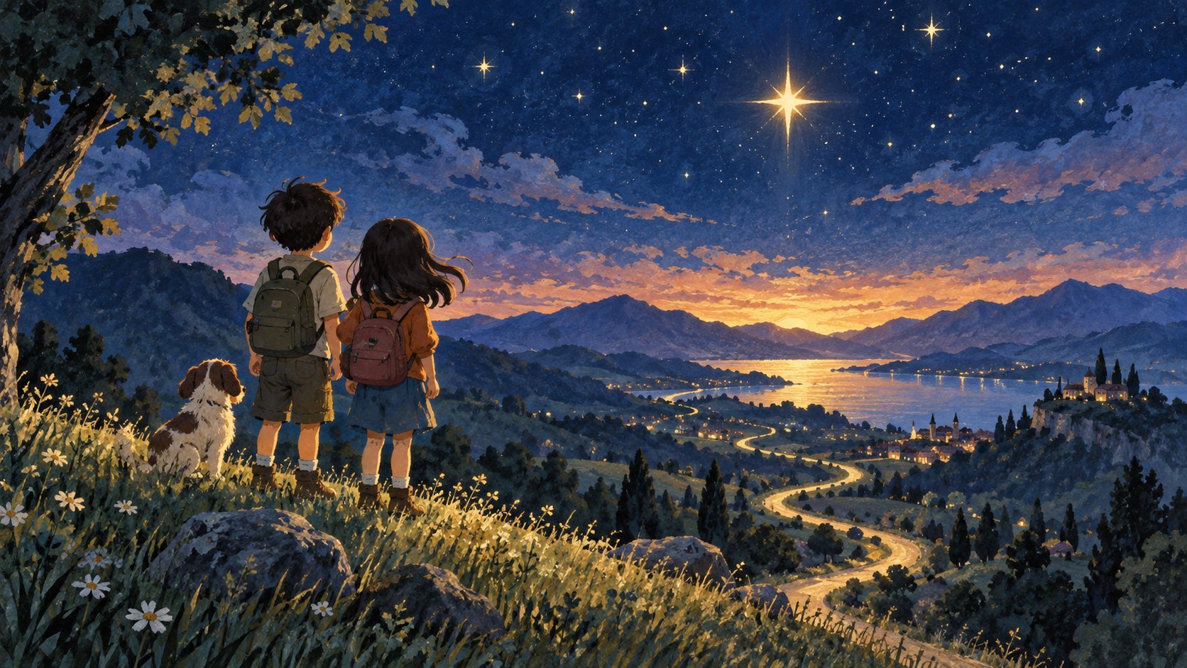 兩名背著背包的孩子與小狗站在山丘仰望星光，遠方小路象徵友情冒險的原創概念插畫，非電影劇照